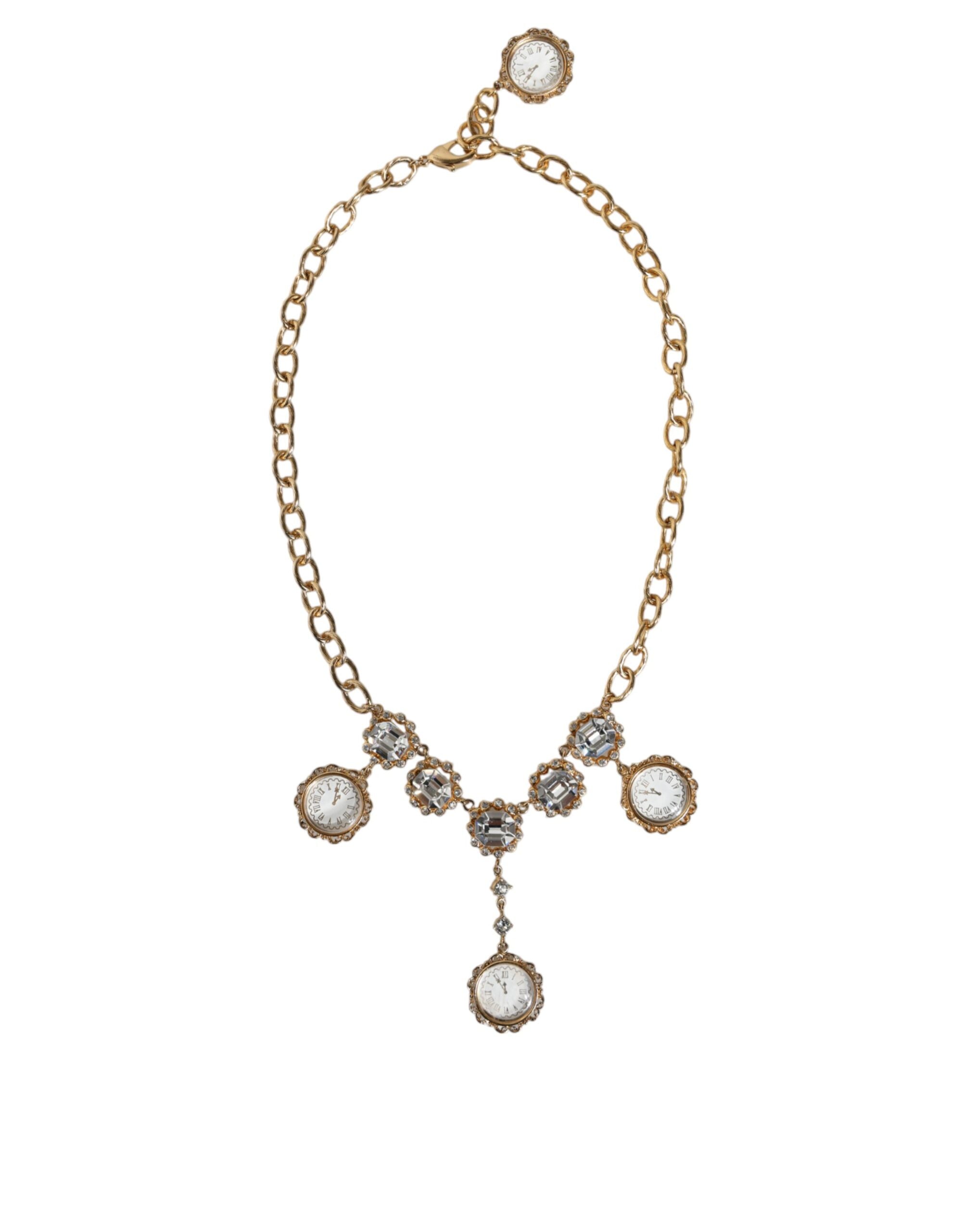 Dolce & Gabbana Chain Brass Crystal Clock Statement Gold Necklace Glam Steals
