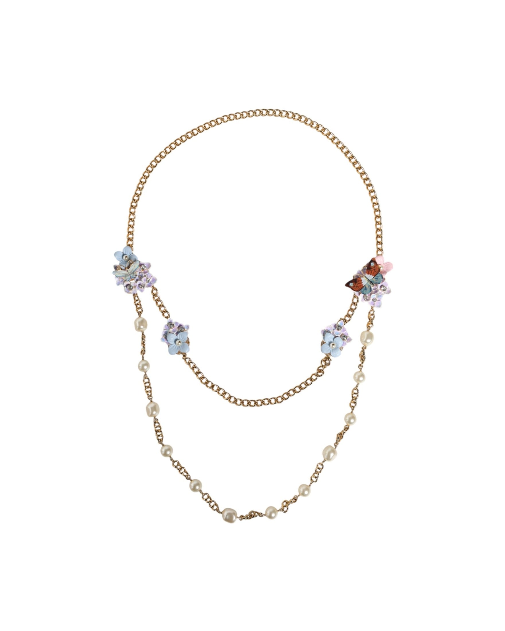 Dolce & Gabbana Chain Brass Floral Layered Crystal Pearl Gold Necklace Glam Steals