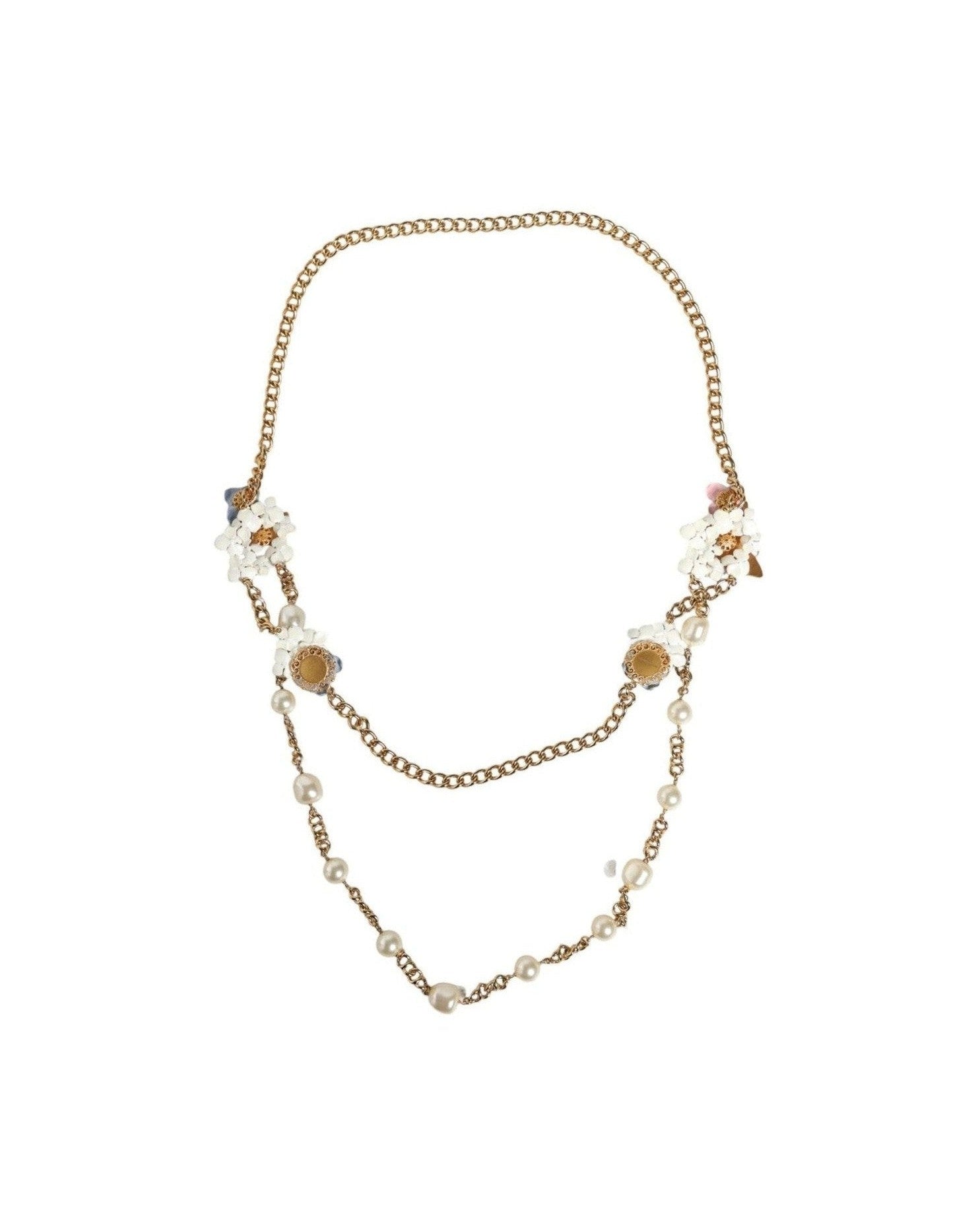 Dolce & Gabbana Chain Brass Floral Layered Crystal Pearl Gold Necklace Glam Steals