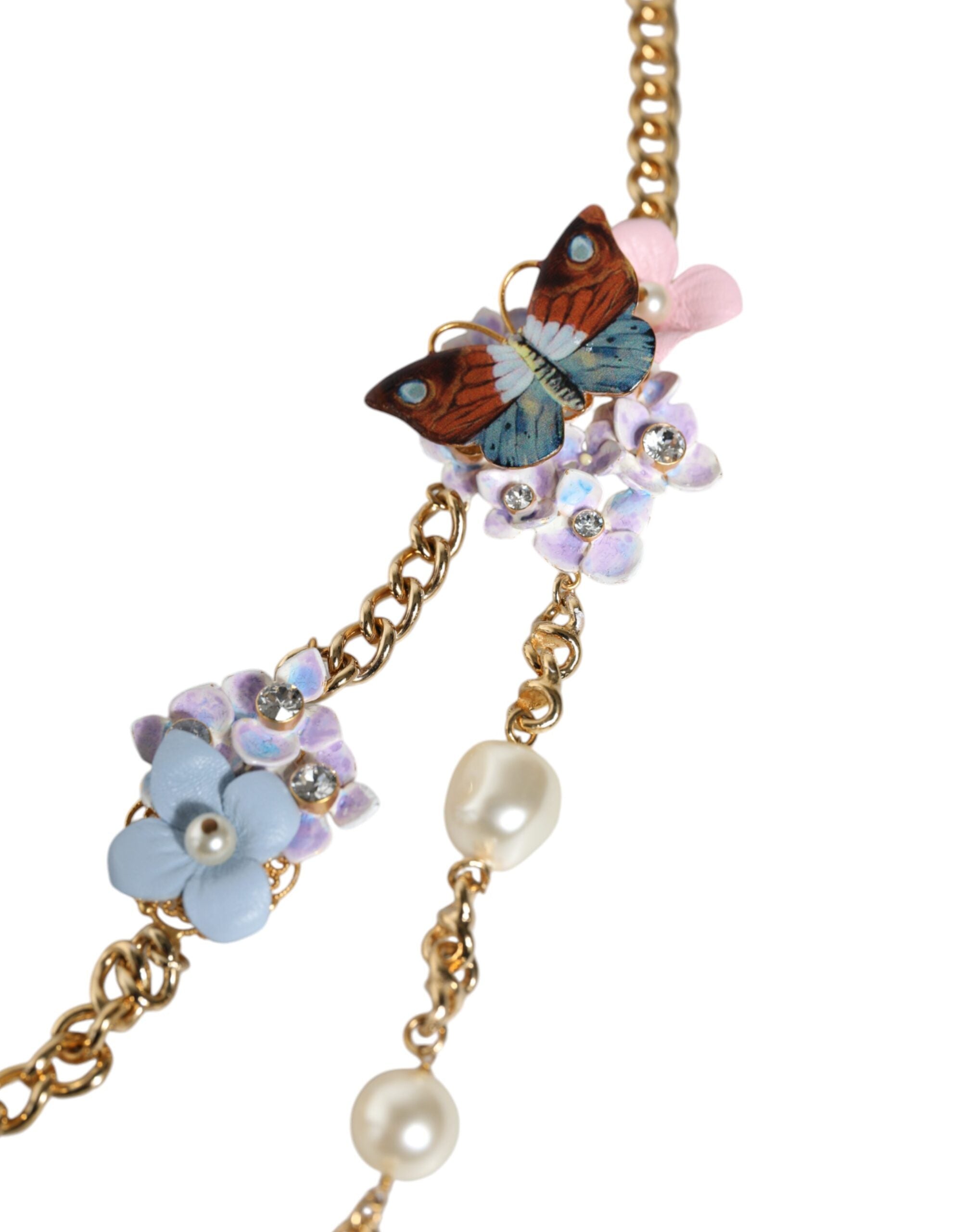 Dolce & Gabbana Chain Brass Floral Layered Crystal Pearl Gold Necklace Glam Steals