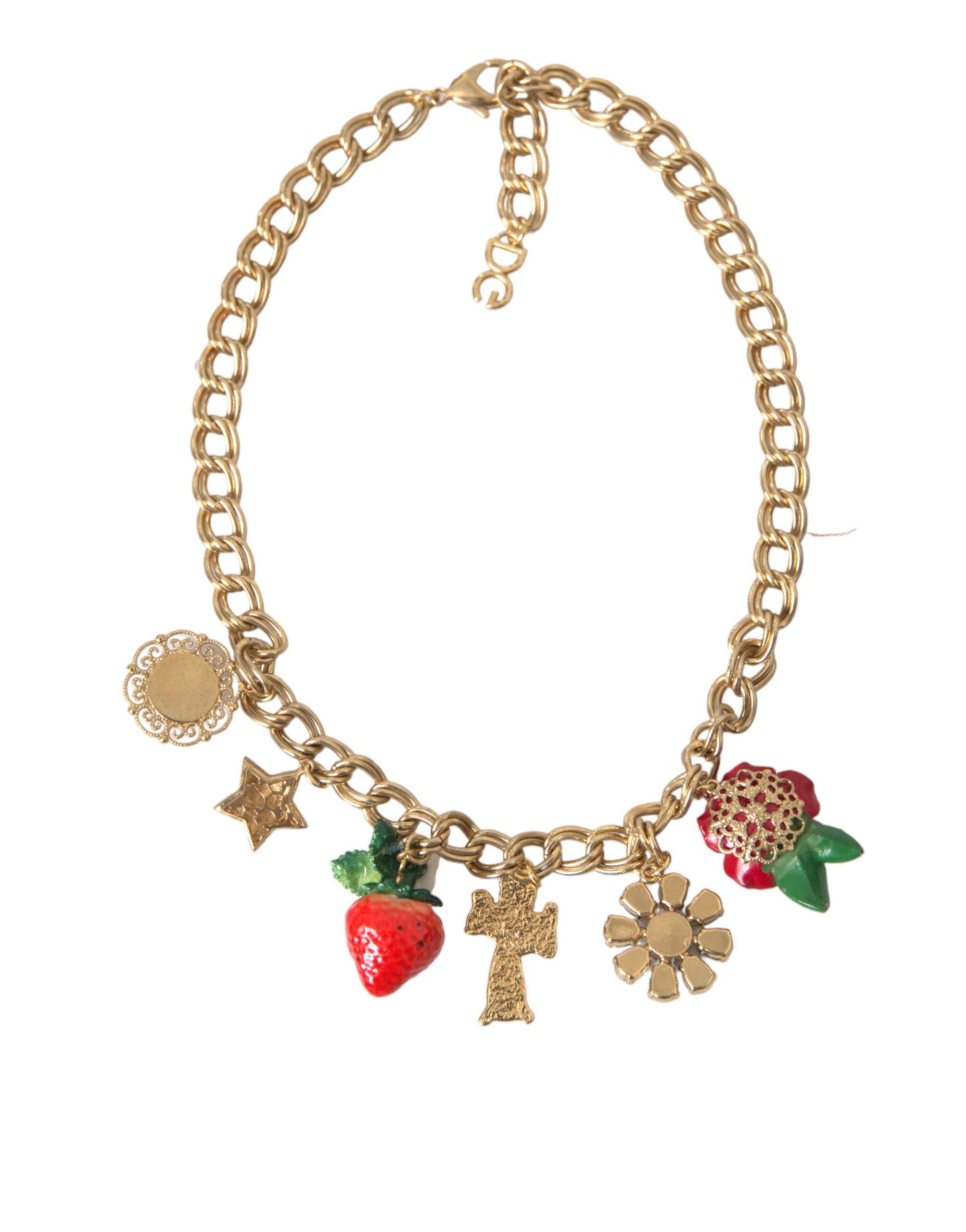 Dolce & Gabbana Chain Rose Cross Strawberry Star Pendant Gold Necklace Glam Steals