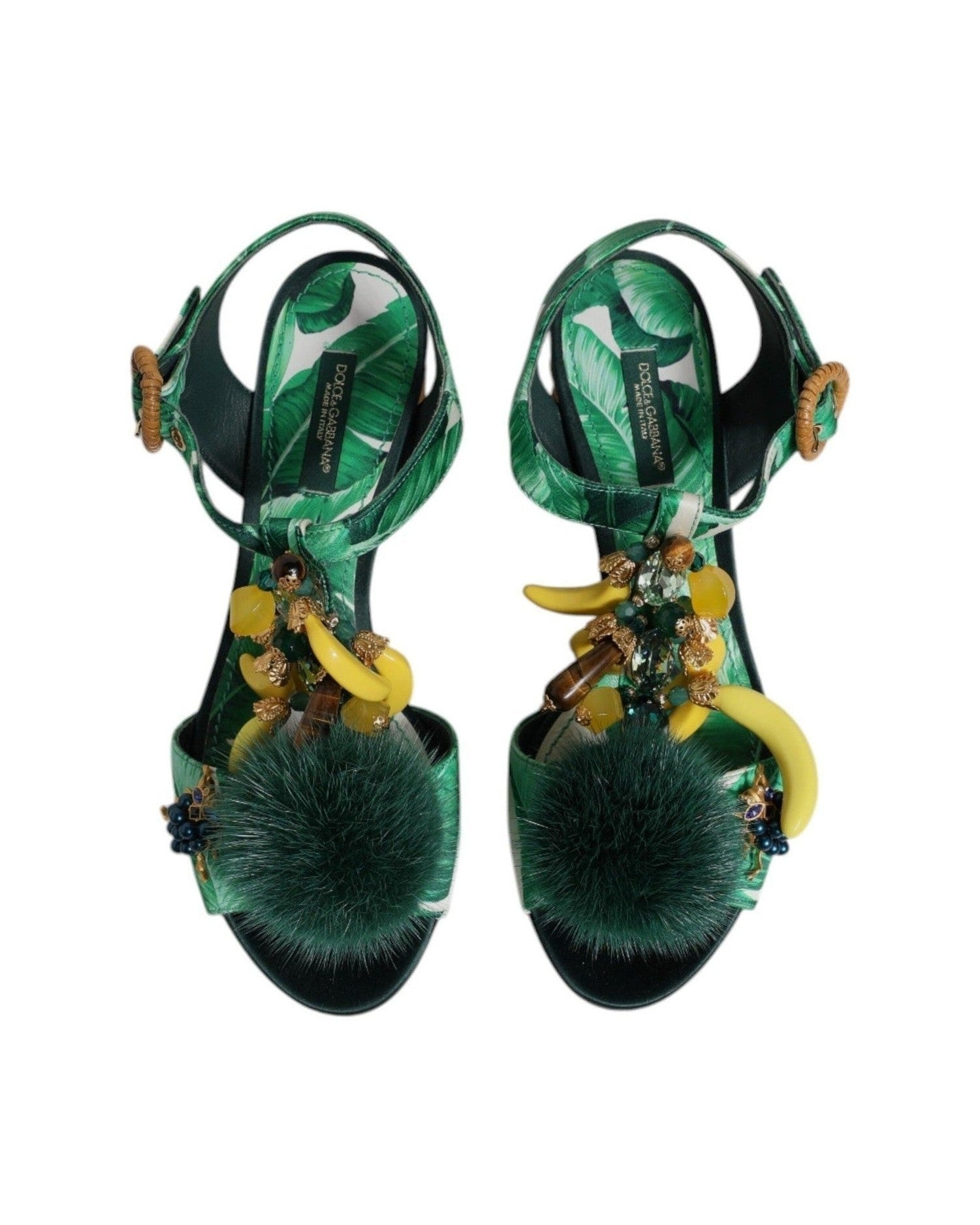 Dolce & Gabbana Crystal Fur Embellished Sandals Green Shoes Heels