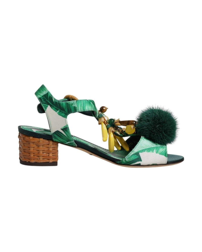 Dolce & Gabbana Crystal Fur Embellished Sandals Green Shoes Heels