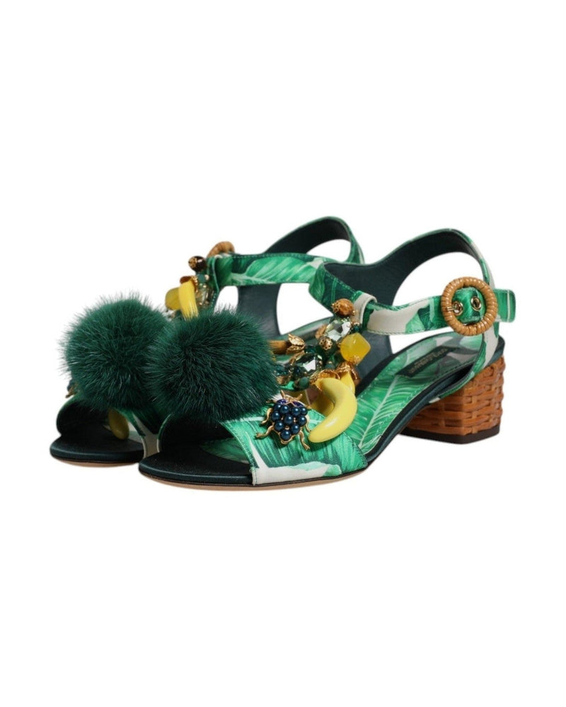 Dolce & Gabbana Crystal Fur Embellished Sandals Green Shoes Heels