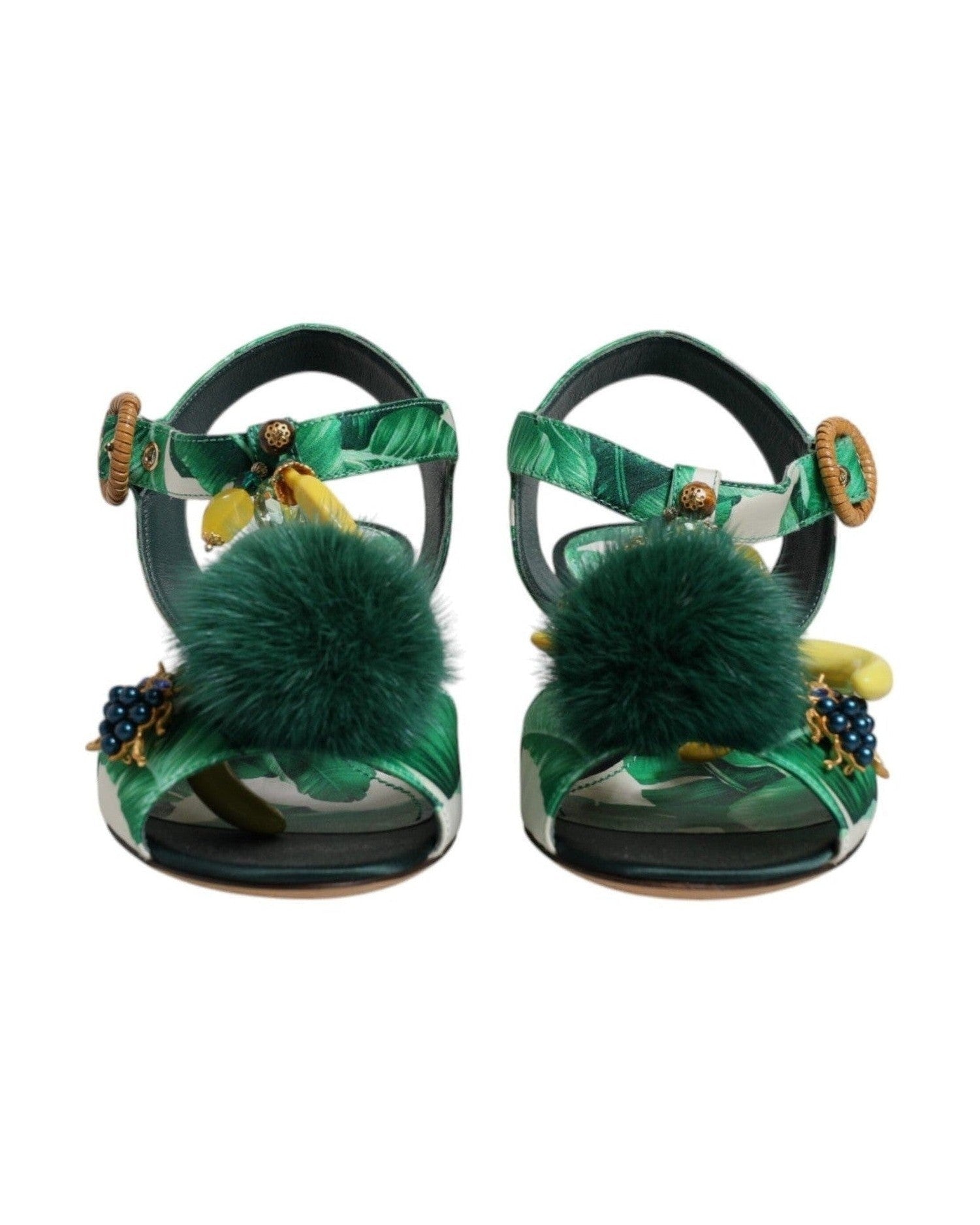 Dolce & Gabbana Crystal Fur Embellished Sandals Green Shoes Heels