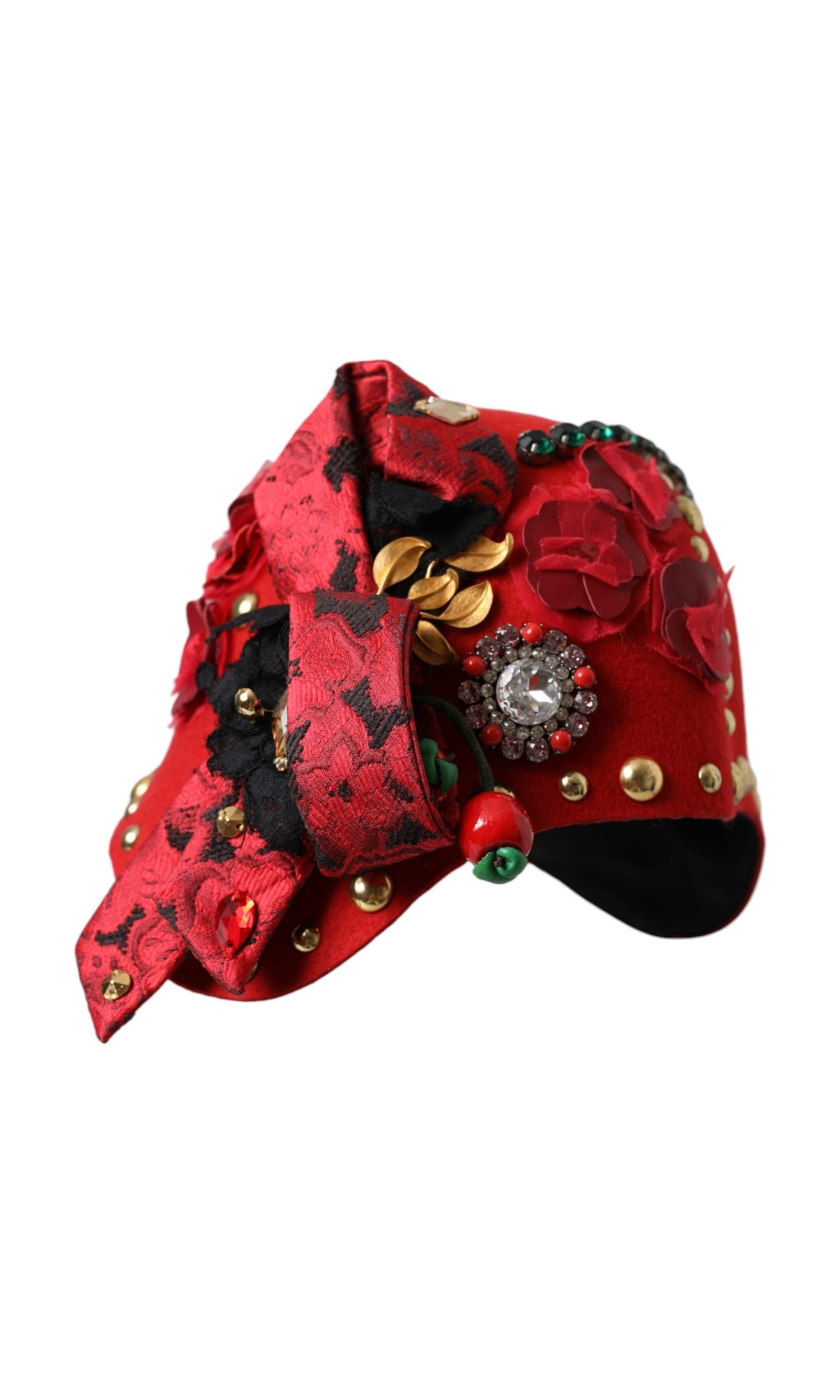 Dolce & Gabbana Crystal Roses Brooch Embellished Red Gold Hat Glam Steals