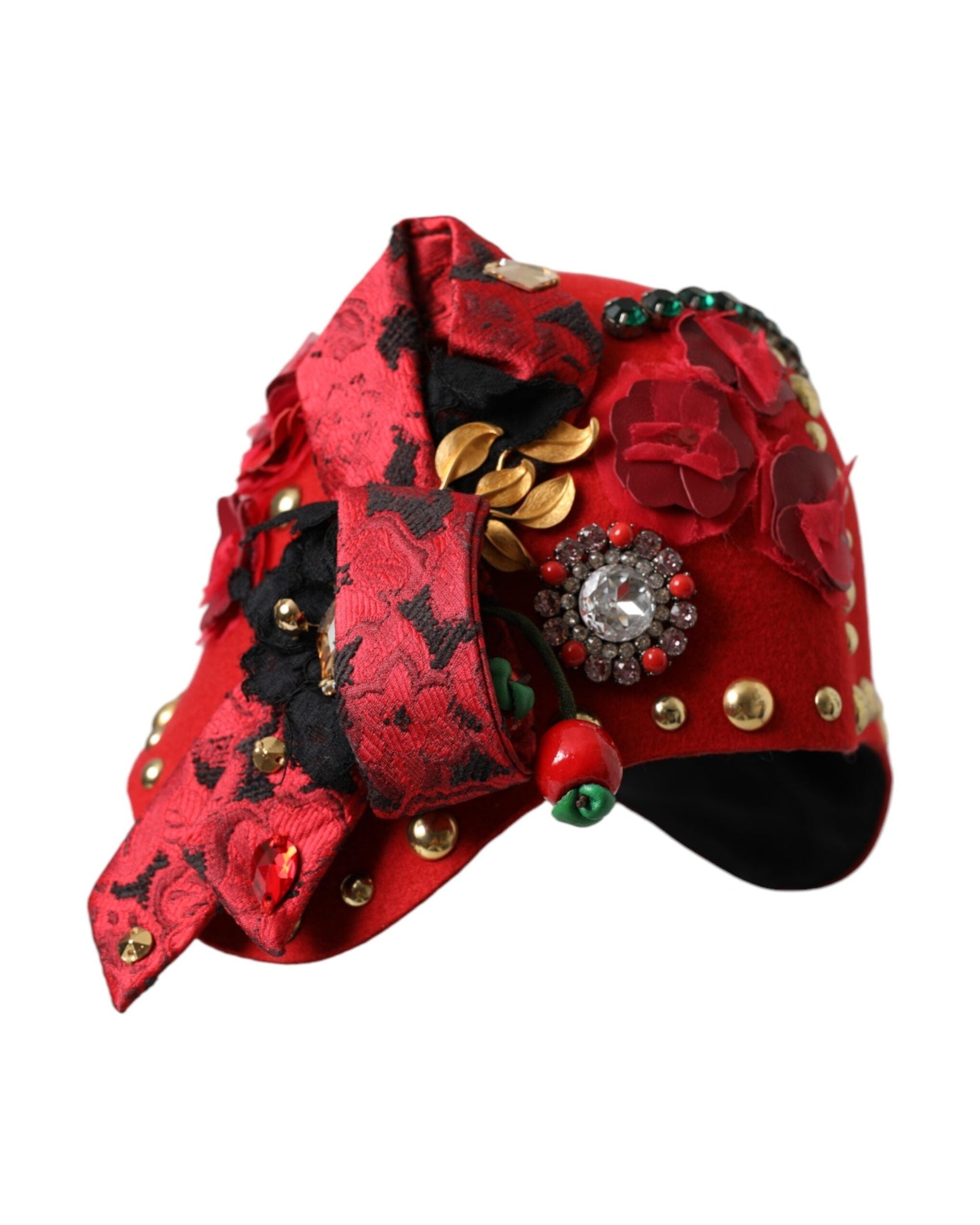 Dolce & Gabbana Crystal Roses Brooch Embellished Red Gold Hat Glam Steals