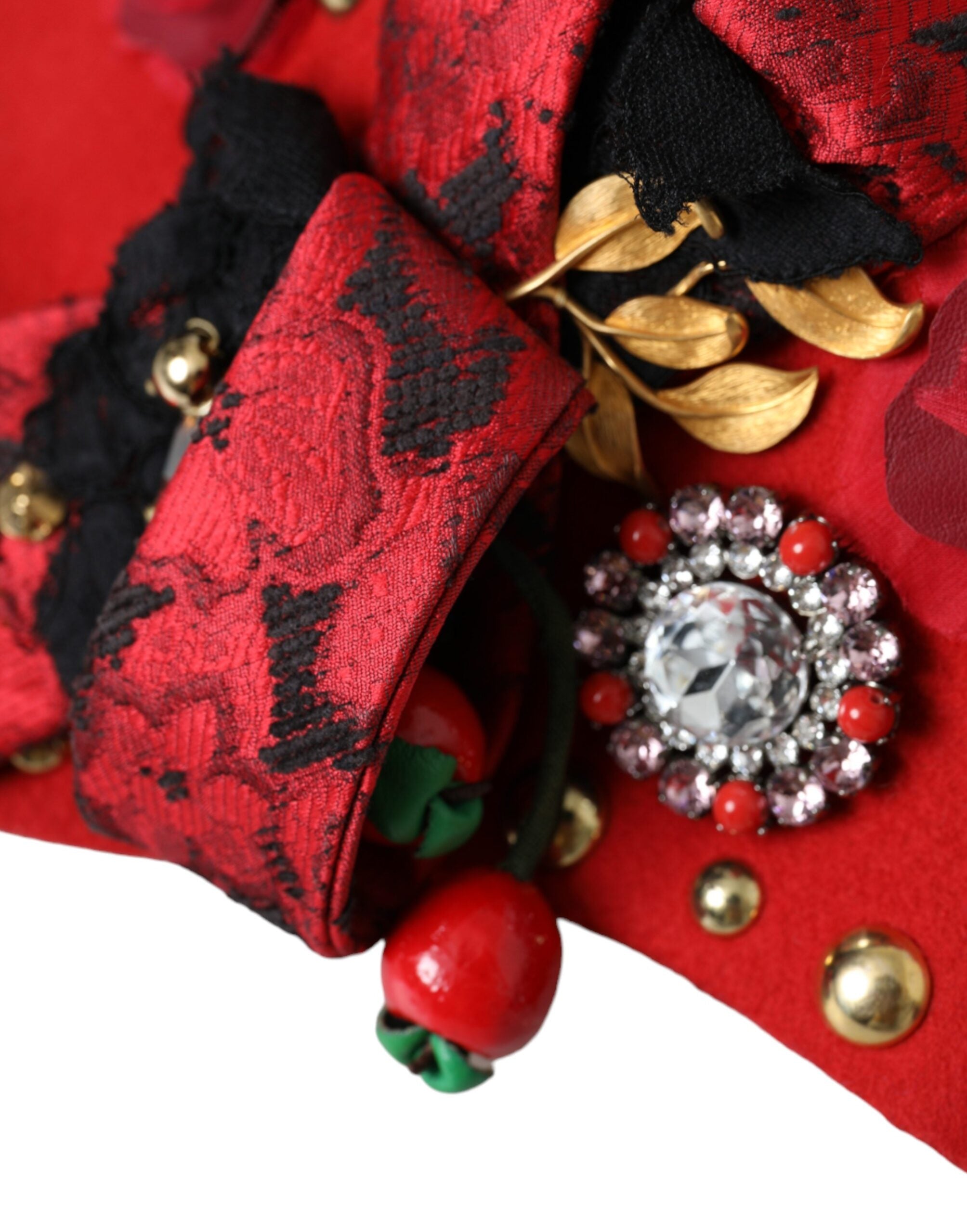 Dolce & Gabbana Crystal Roses Brooch Embellished Red Gold Hat Glam Steals