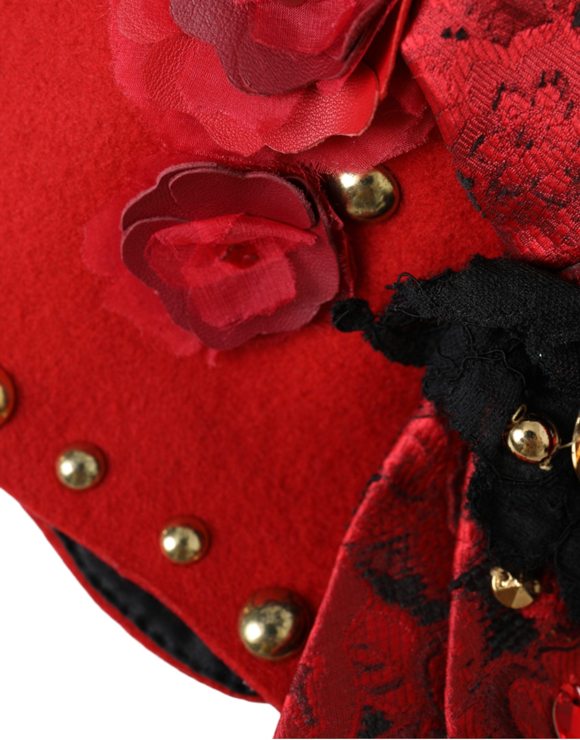 Dolce & Gabbana Crystal Roses Brooch Embellished Red Gold Hat Glam Steals