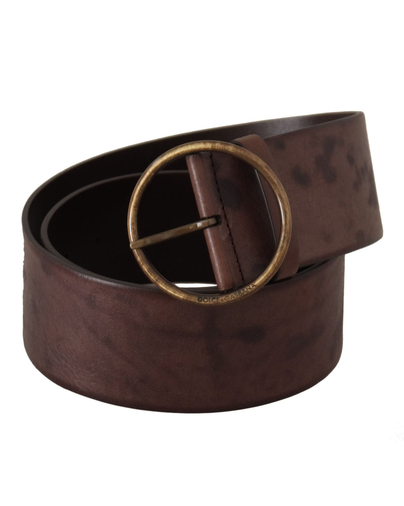 Dolce & Gabbana Dark Brown Leather Wide Calf Logo Round Buckle Belt Glam Steals