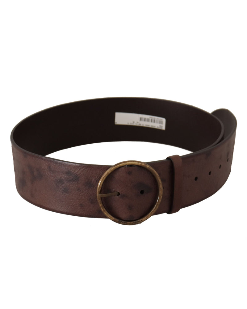 Dolce & Gabbana Dark Brown Leather Wide Calf Logo Round Buckle Belt Glam Steals
