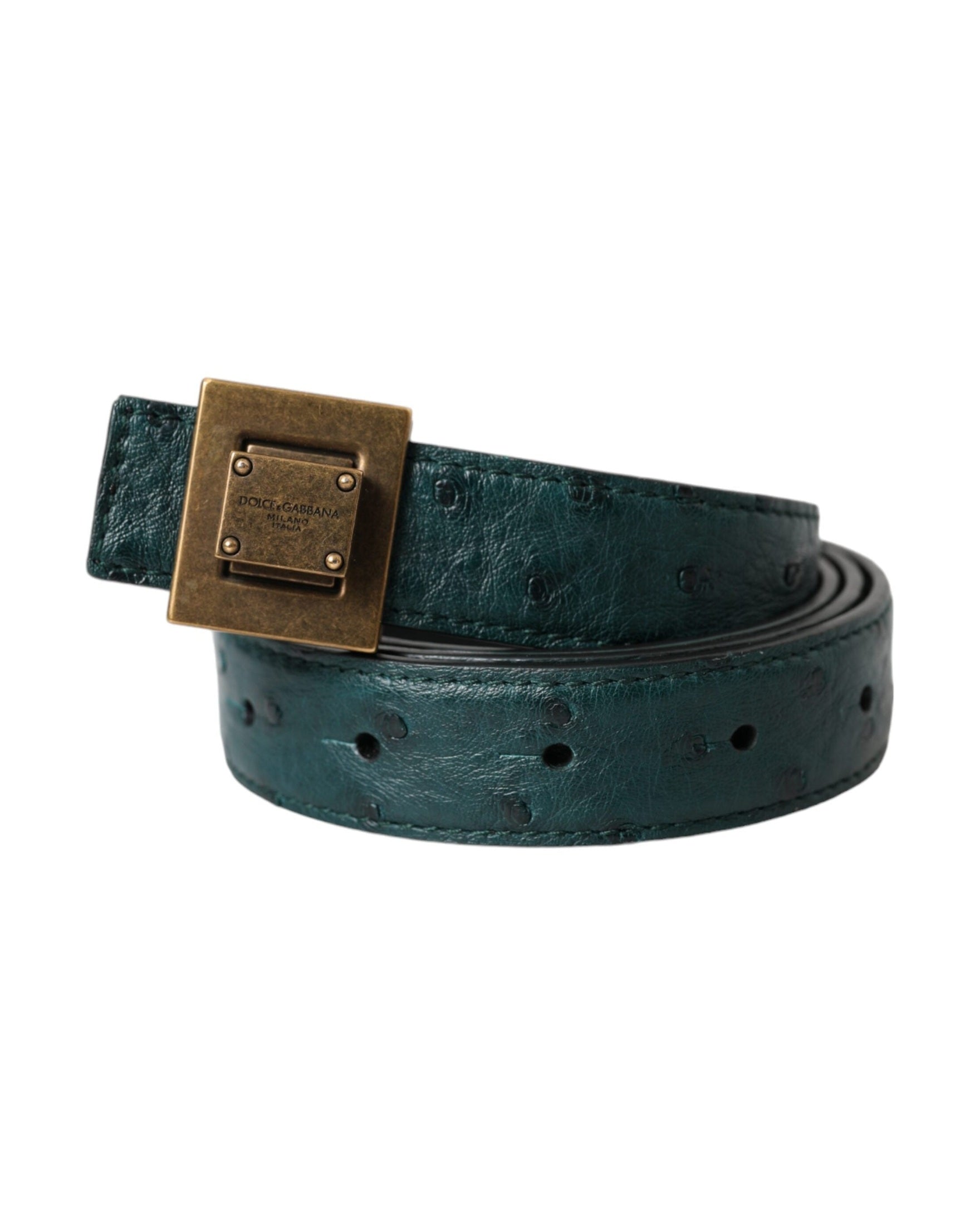 Dolce & Gabbana Dark Green Leather Square Metal Buckle Belt Belts