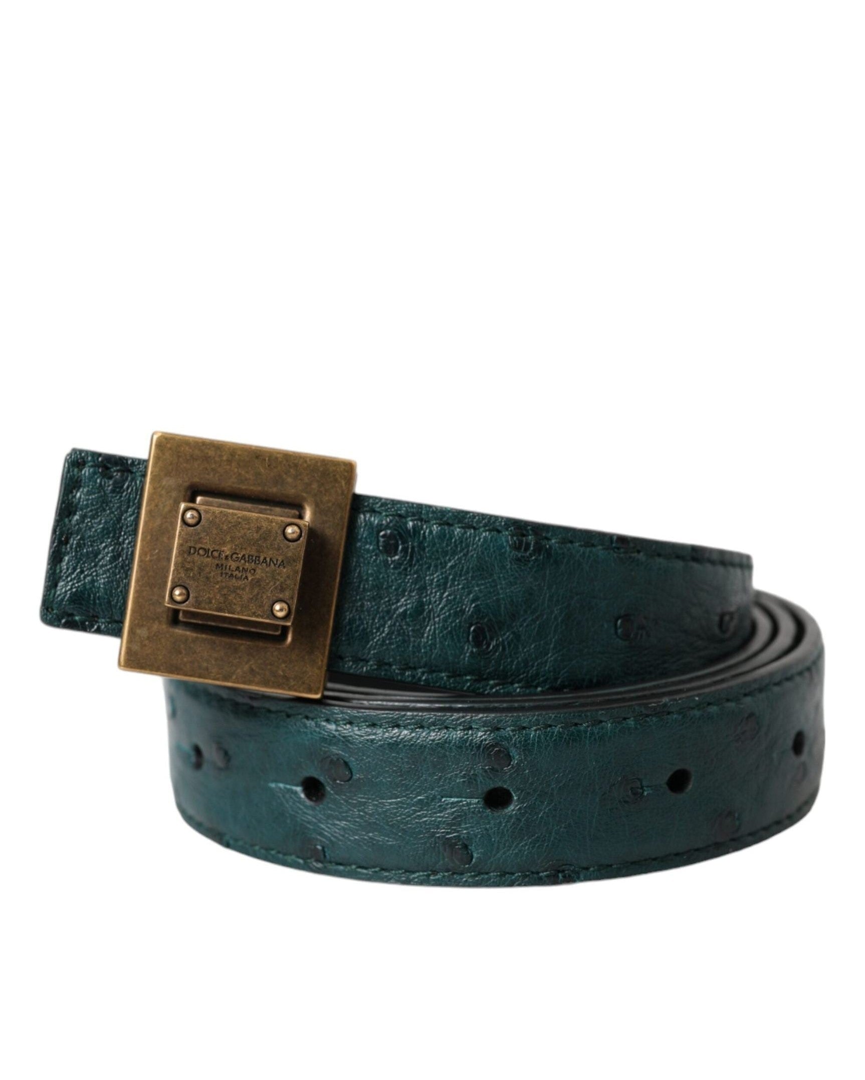 Dolce & Gabbana Dark Green Leather Square Metal Buckle Belt Belts