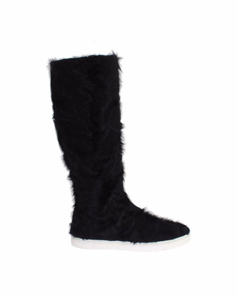 Dolce & Gabbana Elegant Fur Leather Flat Sneaker Black Boots Glam Steals