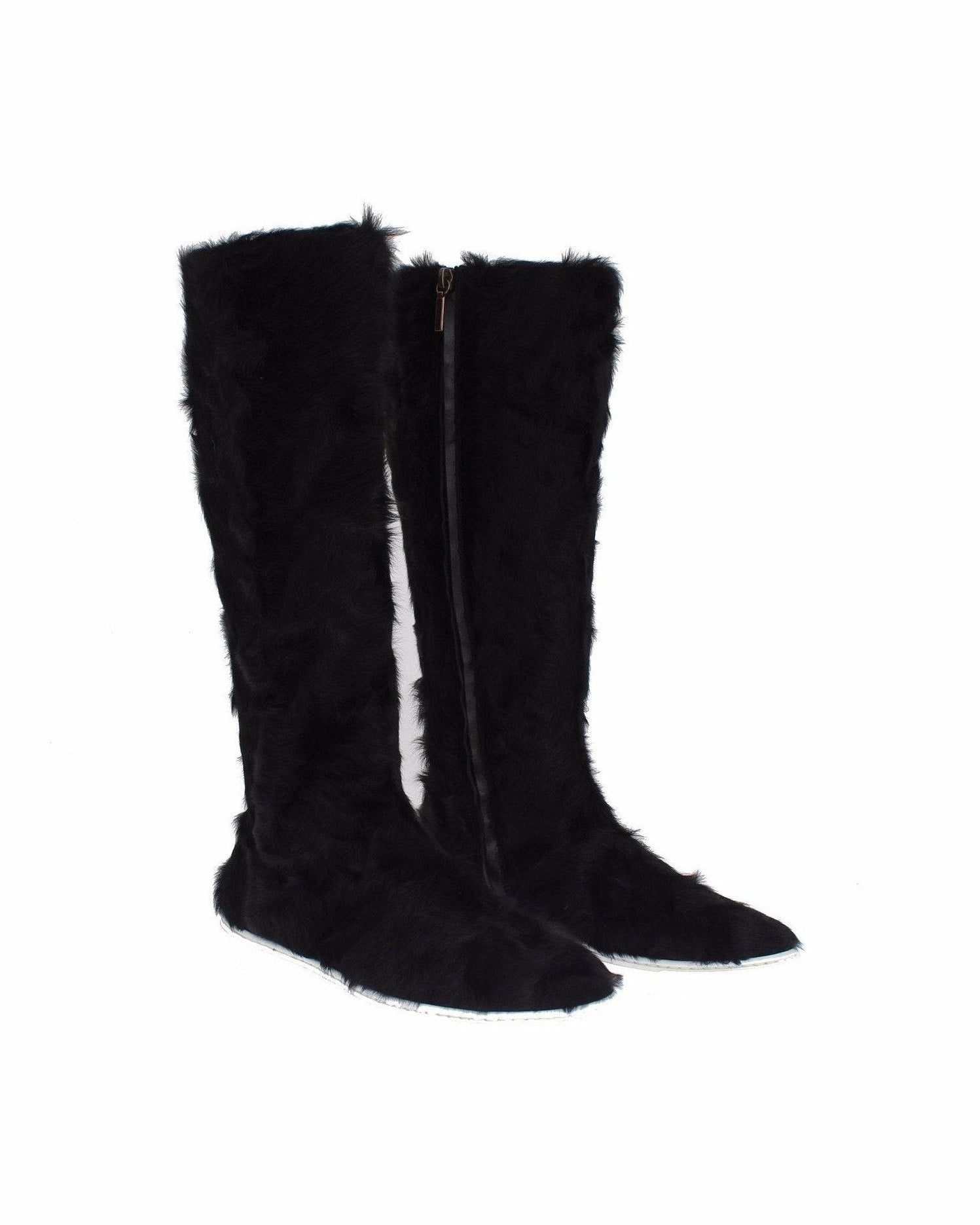 Dolce & Gabbana Elegant Fur Leather Flat Sneaker Black Boots Glam Steals