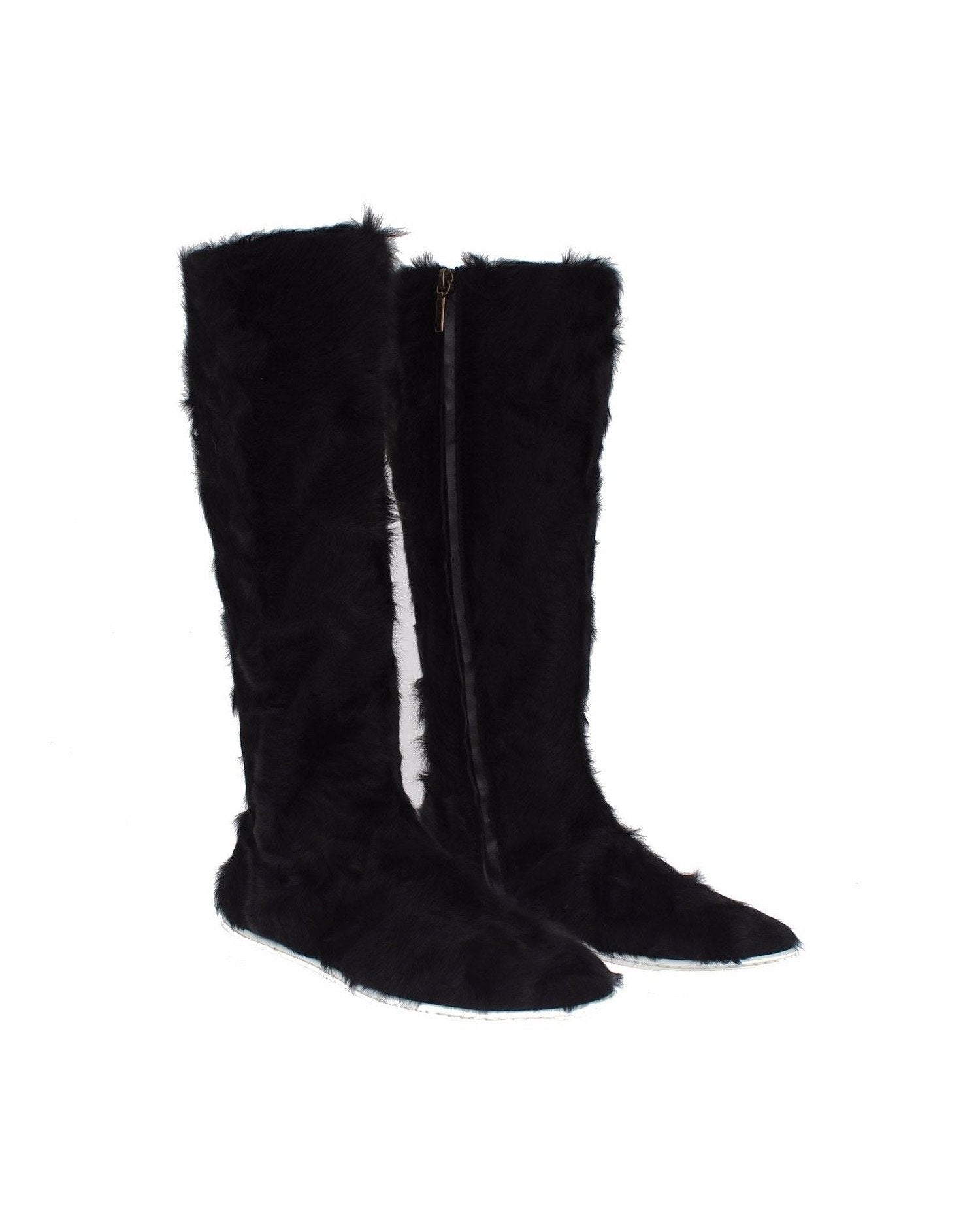 Dolce & Gabbana Elegant Fur Leather Flat Sneaker Black Boots Glam Steals