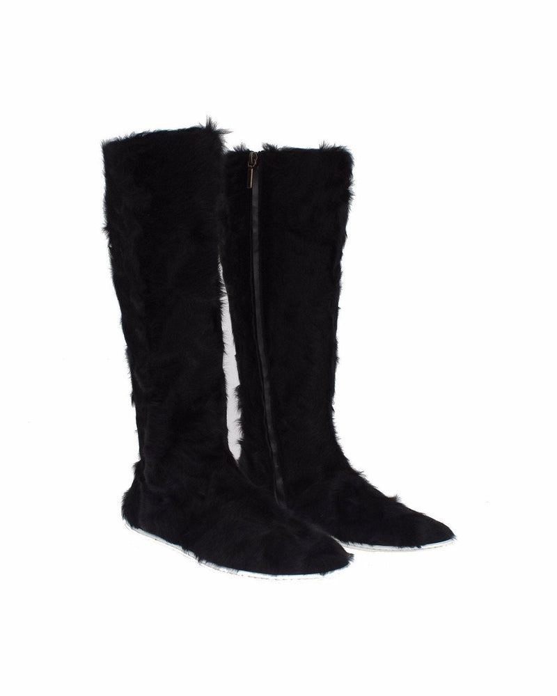 Dolce & Gabbana Elegant Fur Leather Flat Sneaker Black Boots Glam Steals