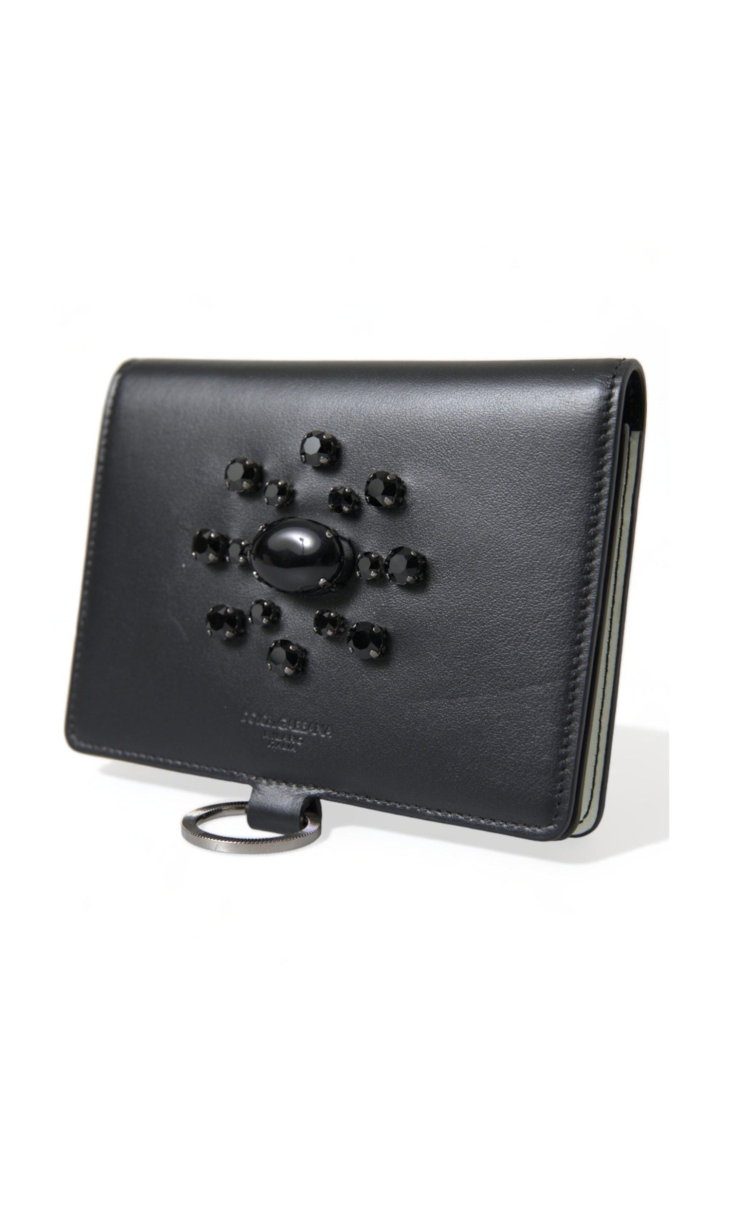Dolce & Gabbana Elegant Leather Crystal Card Holder Black Wallet Glam Steals