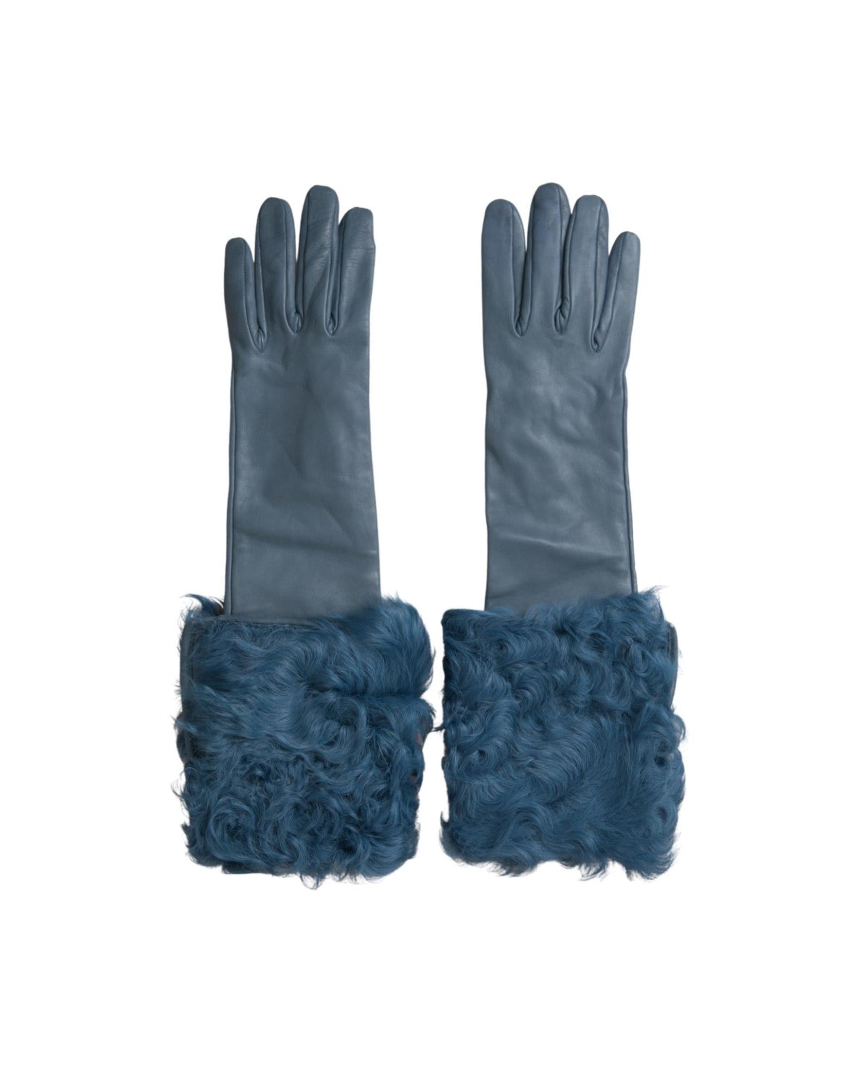 Dolce & Gabbana Elegant Leather Gloves With Fur Blue Trim Glam Steals