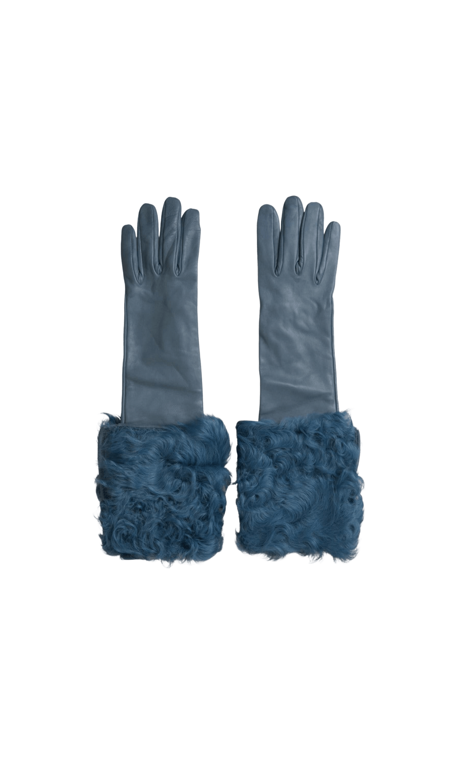 Dolce & Gabbana Elegant Leather Gloves With Fur Blue Trim Glam Steals