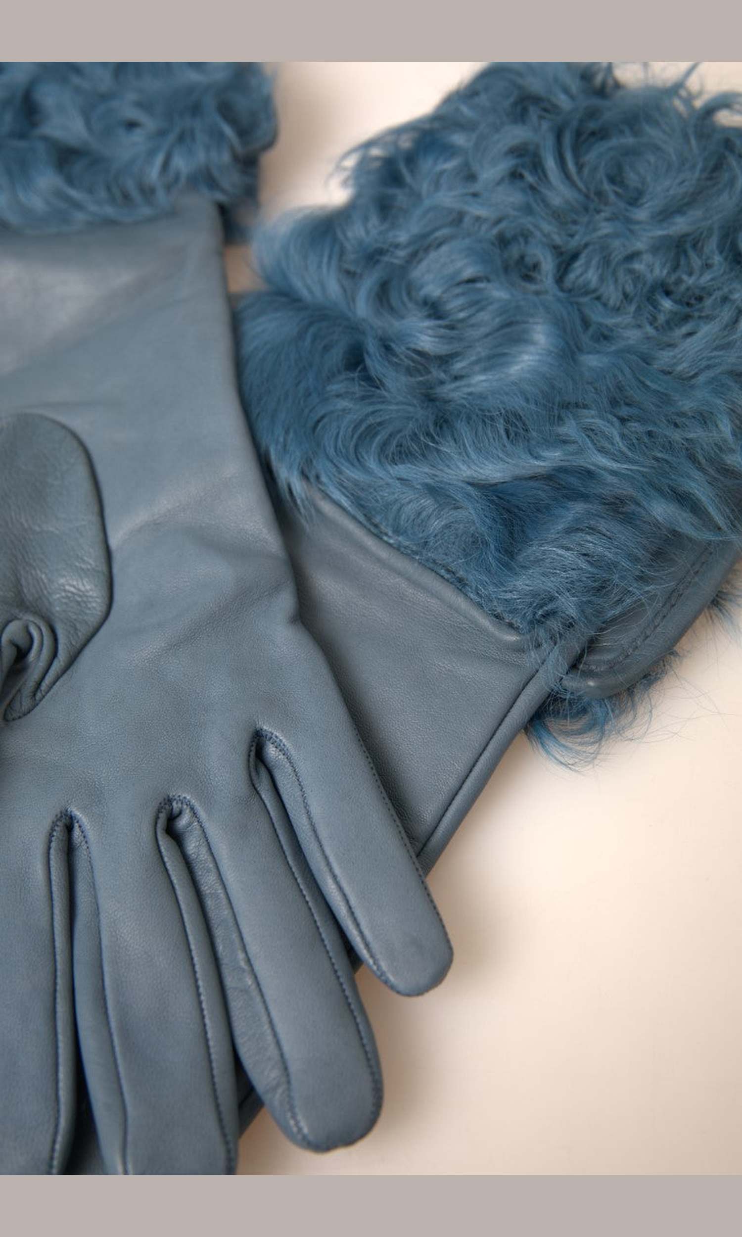 Dolce & Gabbana Elegant Leather Gloves With Fur Blue Trim Glam Steals