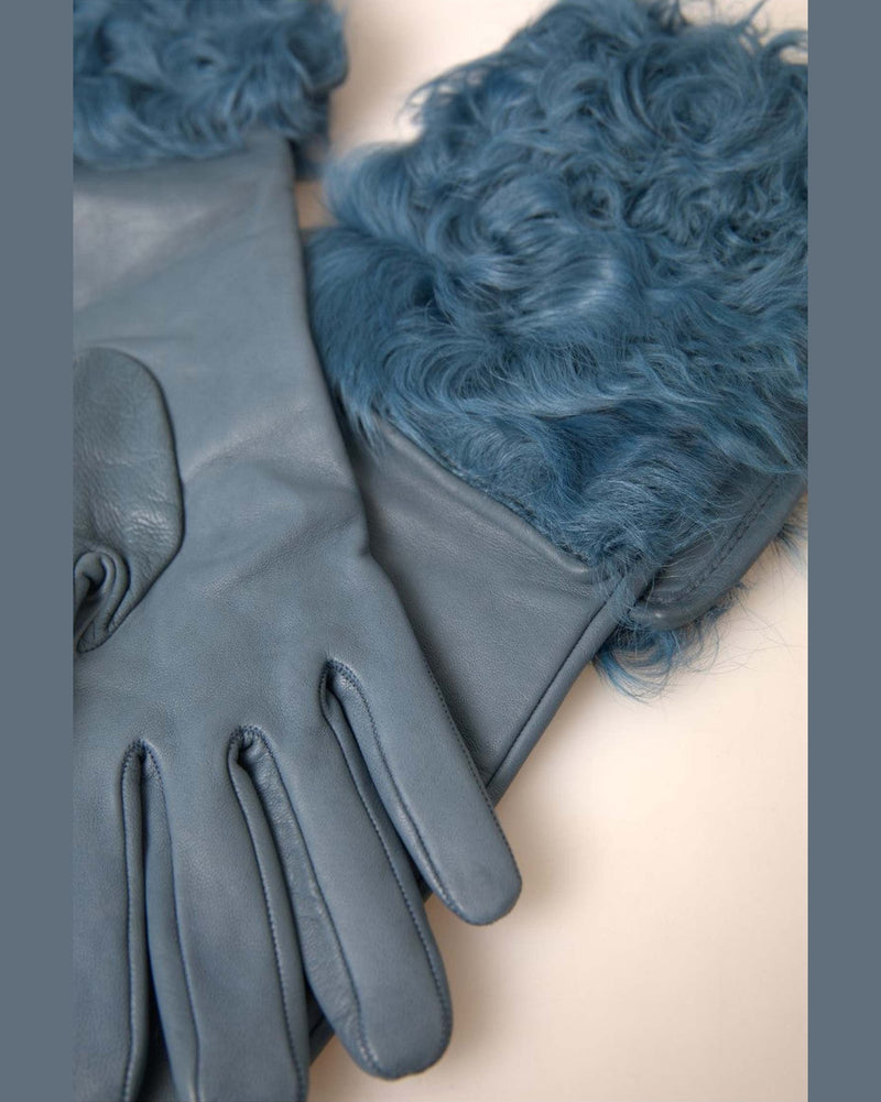 Dolce & Gabbana Elegant Leather Gloves With Fur Blue Trim Glam Steals