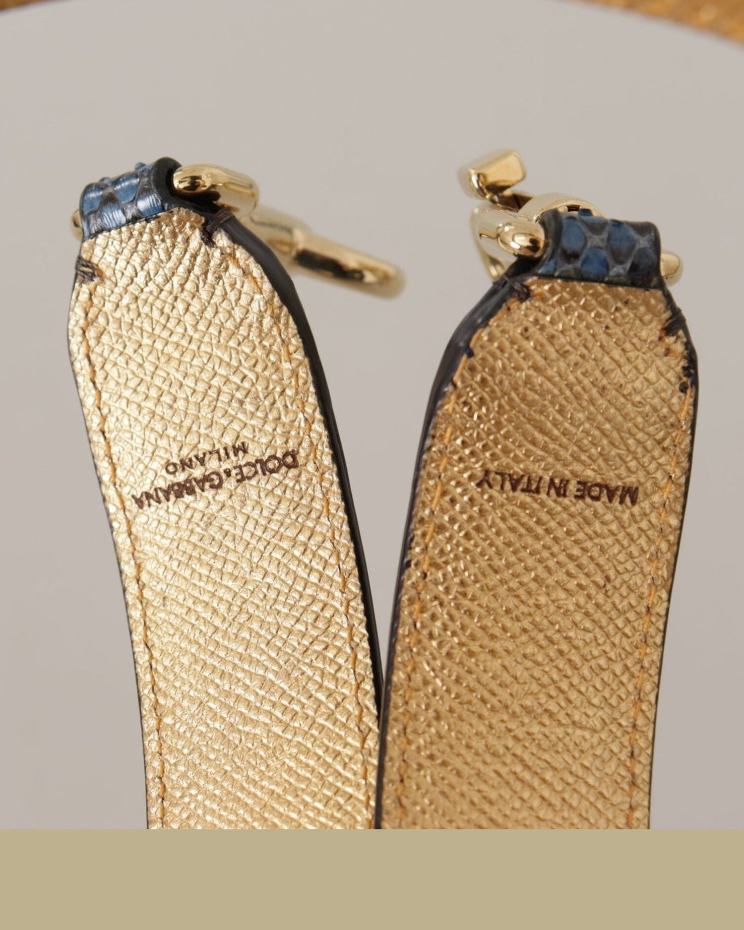Dolce & Gabbana Elegant Leather Shoulder Beige Blue Print Bag Strap Glam Steals