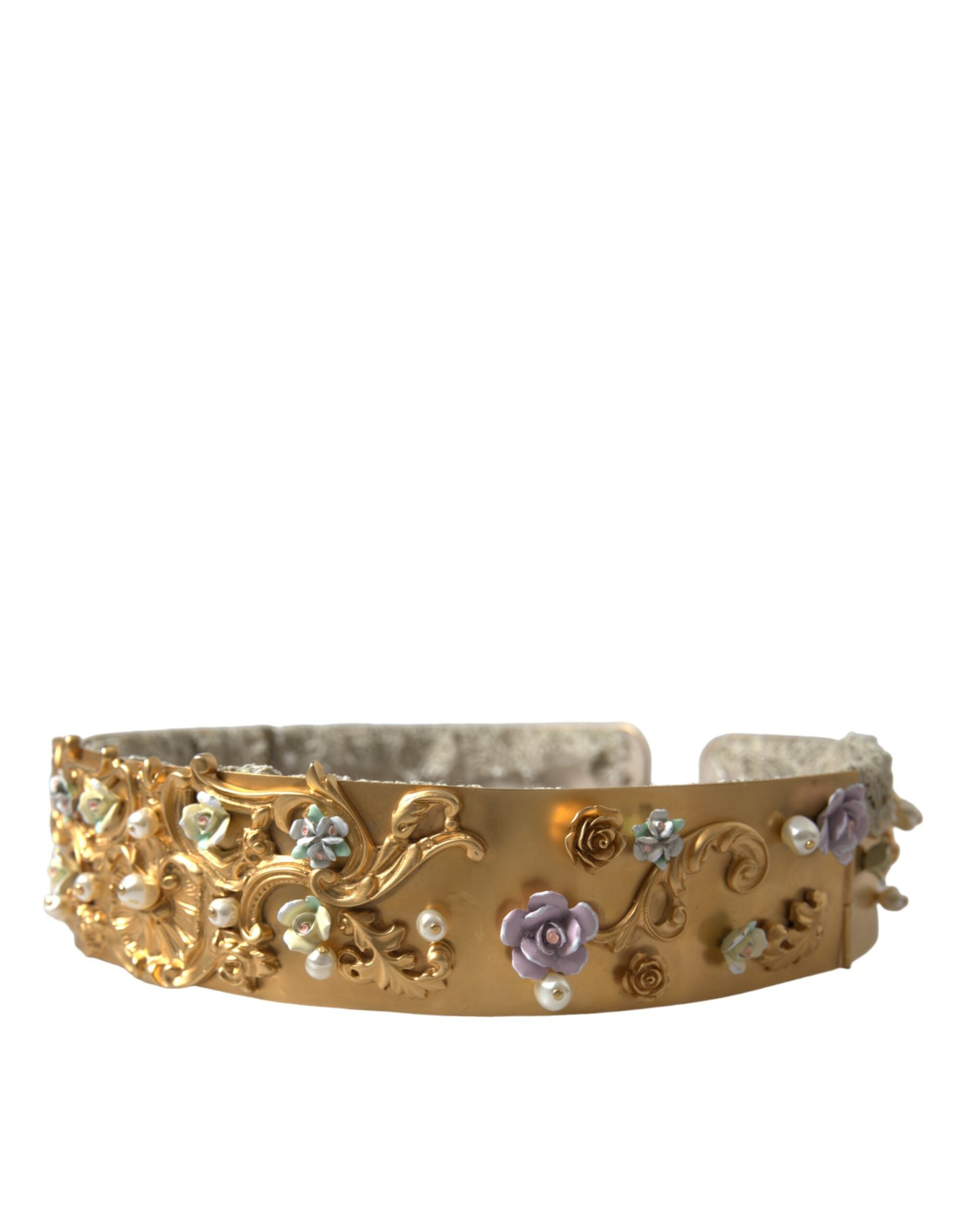 Dolce & Gabbana Elegant -Tone Faux Pearl Floral Gold Belt Glam Steals