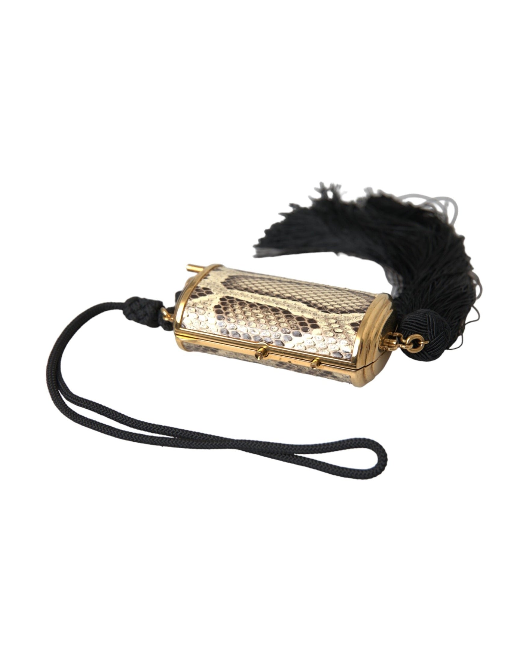 Dolce & Gabbana Exotic Leather Mini Mirror Tassel Make Up Holder Beige Bag Glam Steals