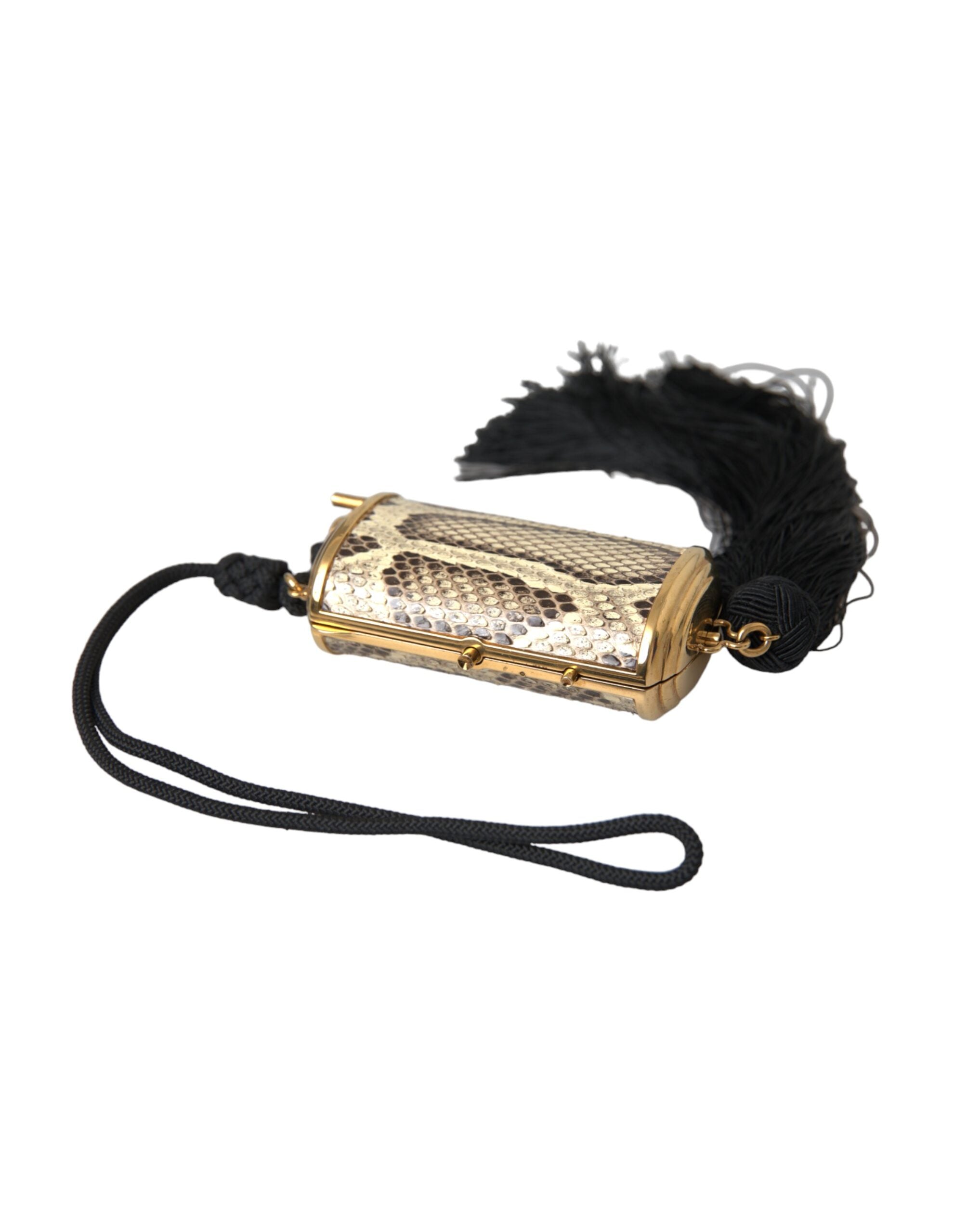 Dolce & Gabbana Exotic Leather Mini Mirror Tassel Make Up Holder Beige Bag Glam Steals
