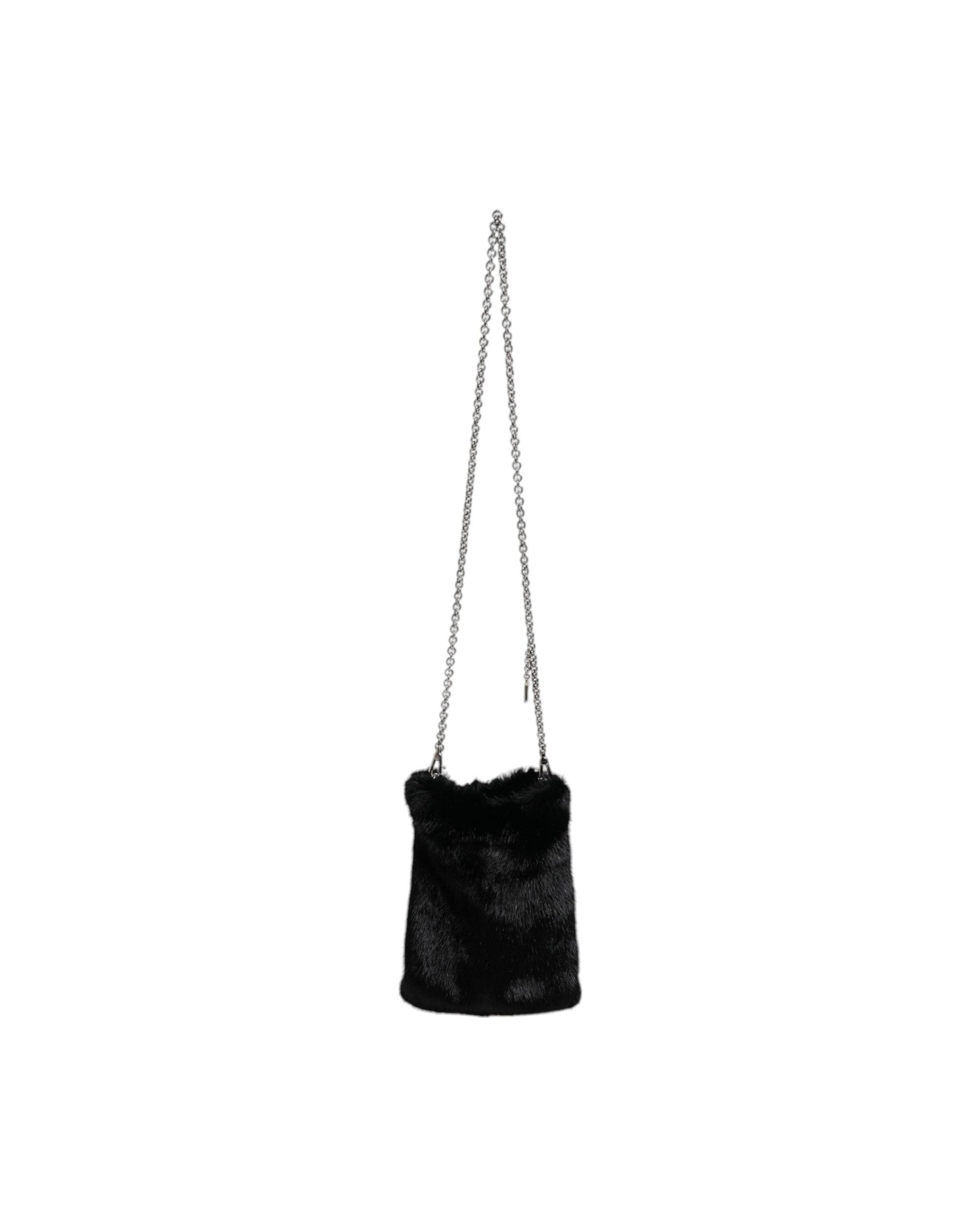 Dolce & Gabbana Faux Fur Chain Crossbody Shoulder Purse Black Silver Bag Glam Steals