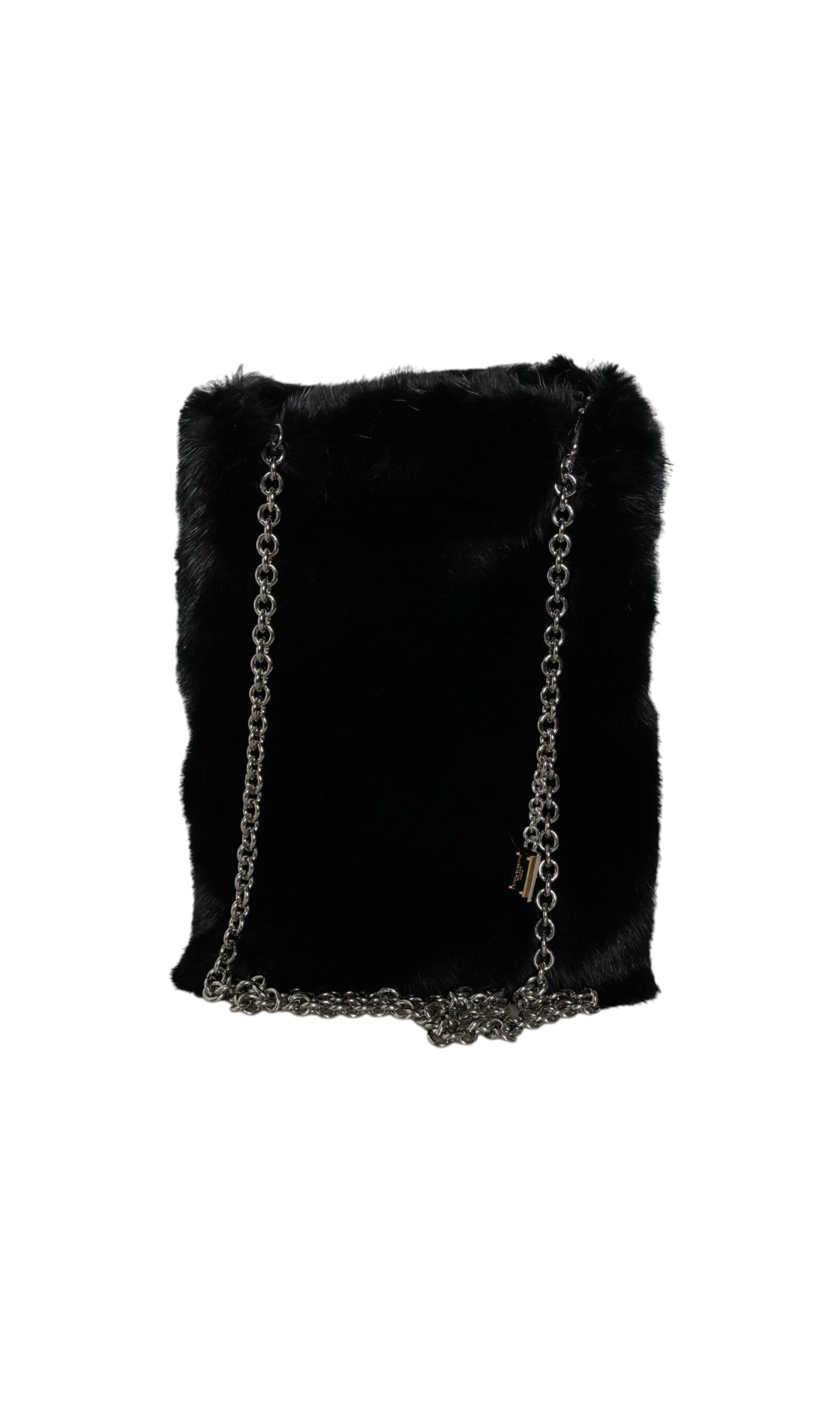 Dolce & Gabbana Faux Fur Chain Crossbody Shoulder Purse Black Silver Bag Glam Steals