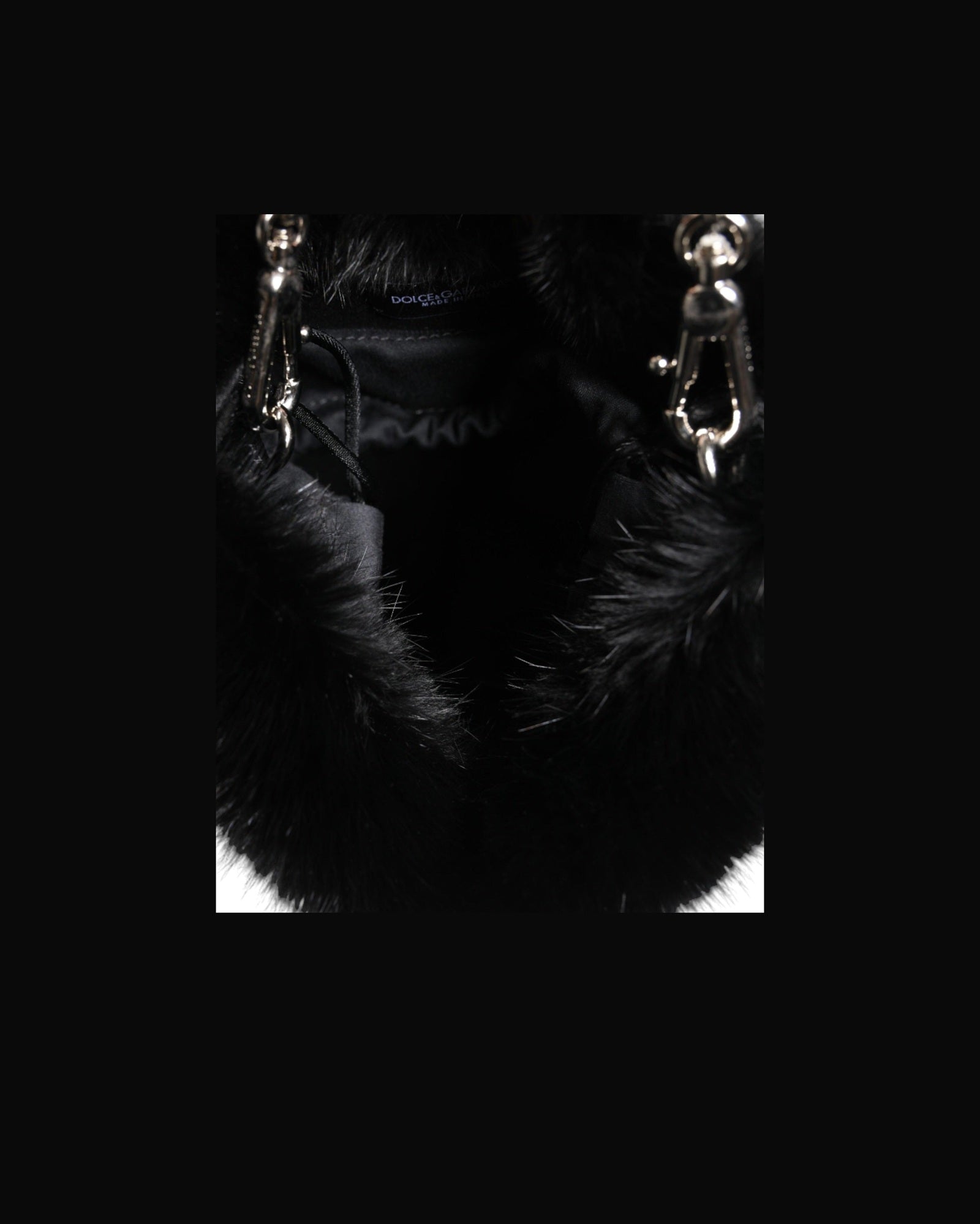 Dolce & Gabbana Faux Fur Chain Crossbody Shoulder Purse Black Silver Bag Glam Steals