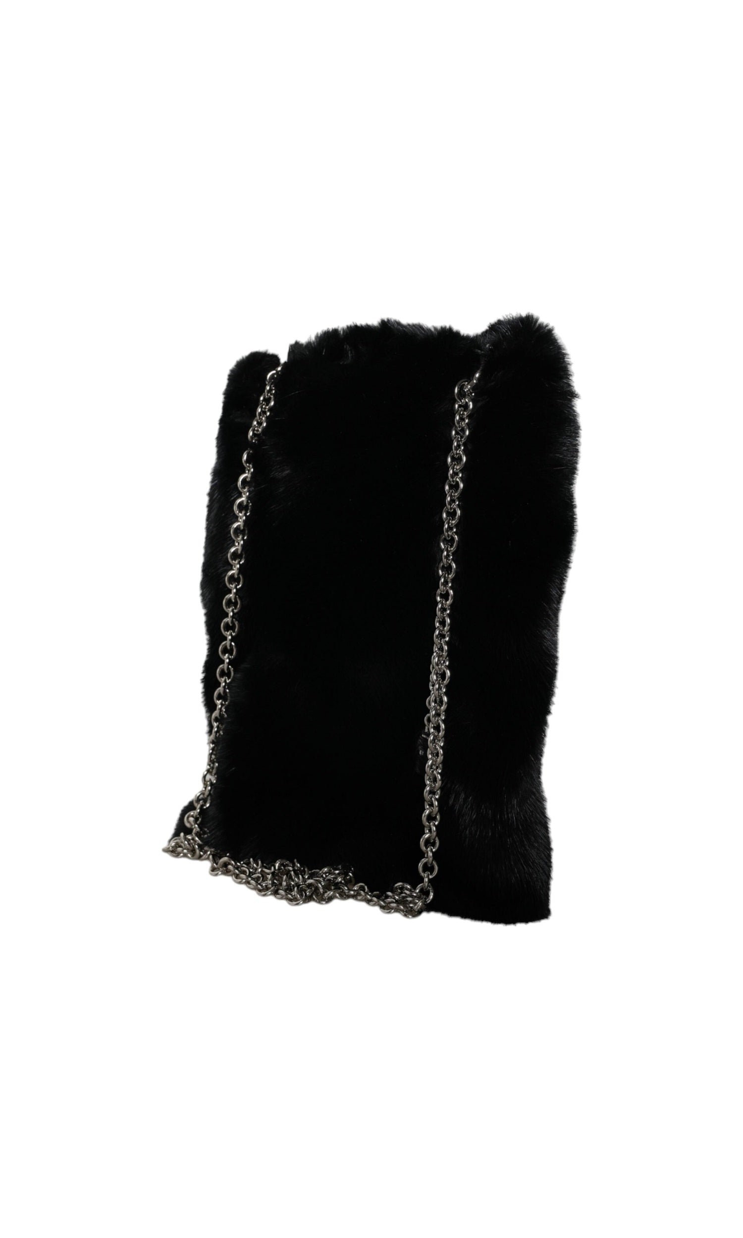 Dolce & Gabbana Faux Fur Chain Crossbody Shoulder Purse Black Silver Bag Glam Steals