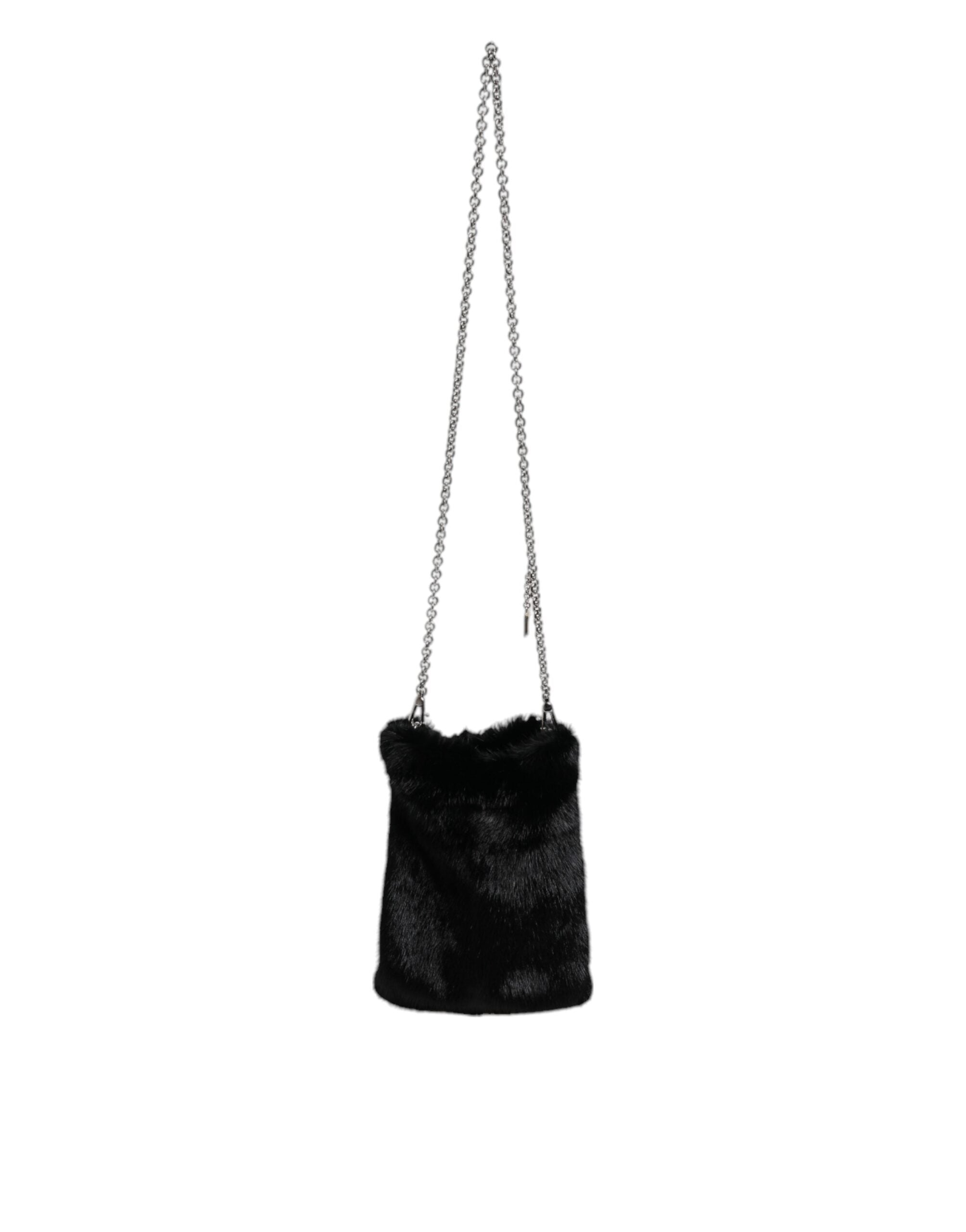 Dolce & Gabbana Faux Fur Chain Crossbody Shoulder Purse Black Silver Bag Glam Steals