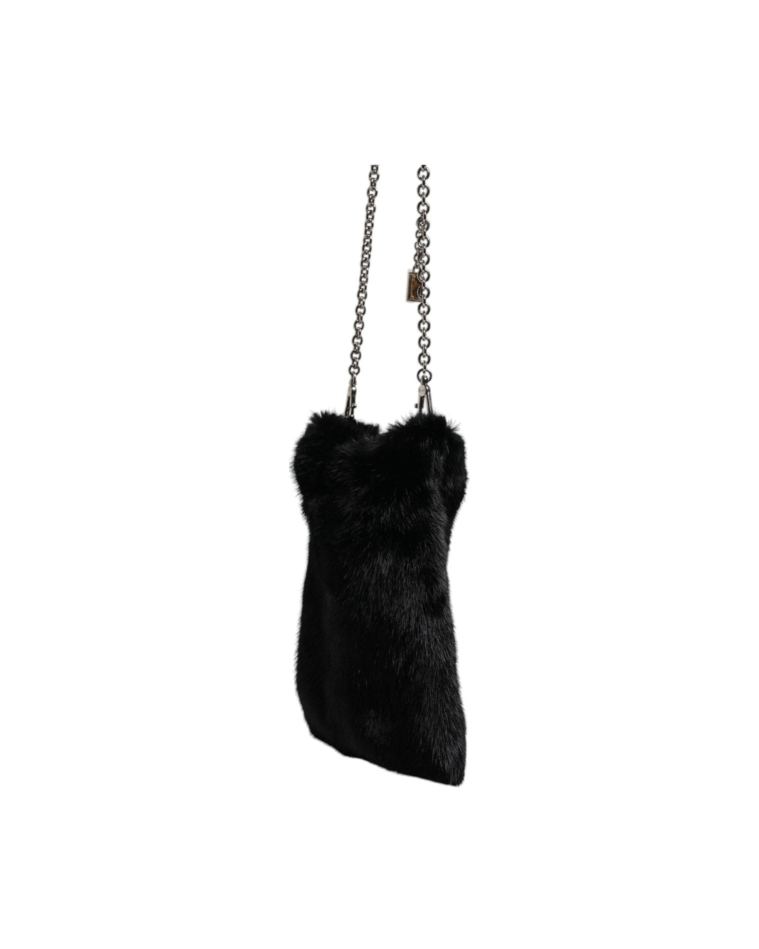 Dolce & Gabbana Faux Fur Chain Crossbody Shoulder Purse Black Silver Bag Glam Steals