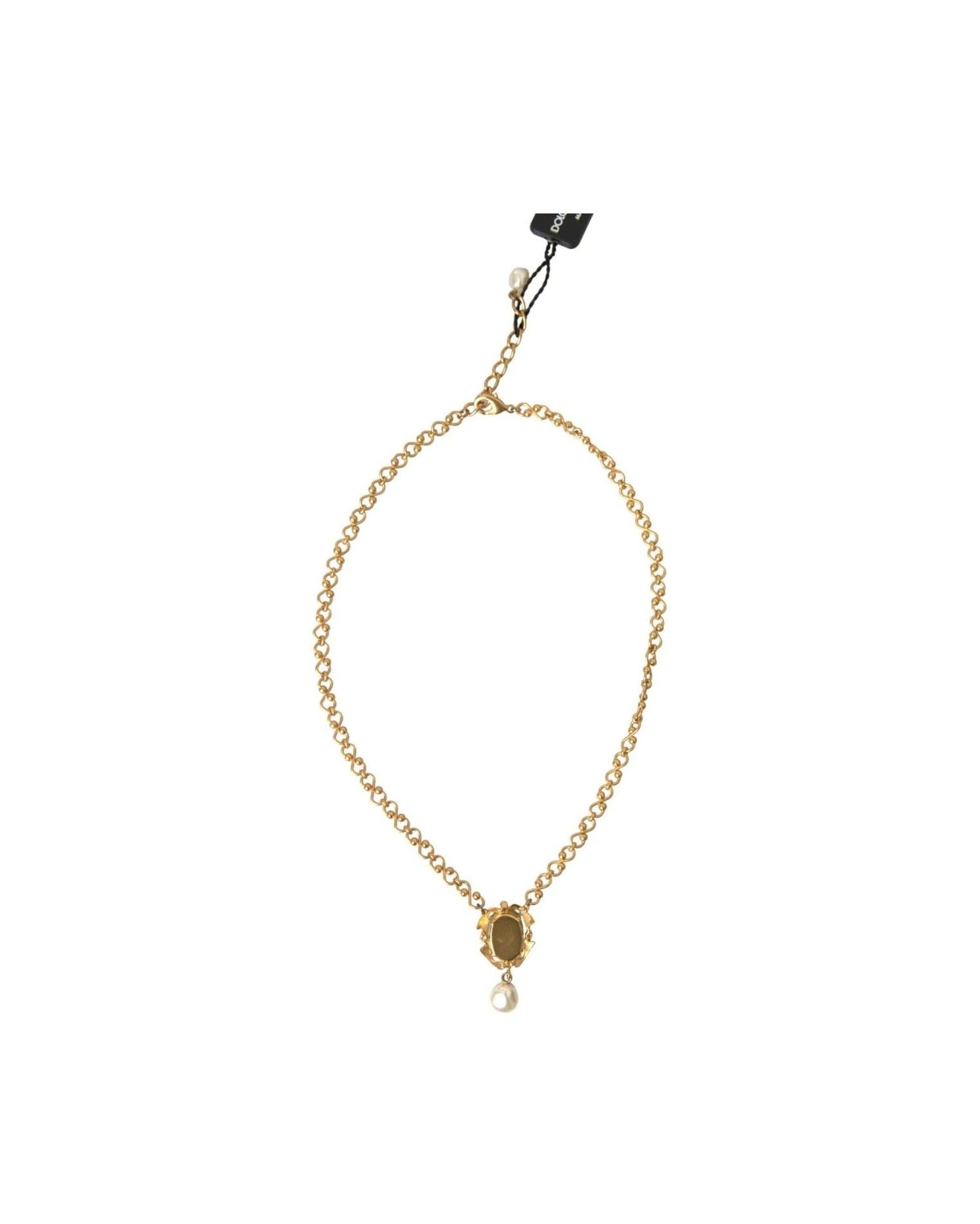 Dolce & Gabbana Brass Chain Pearl Pendant Charm Gold Necklace Glam Steals
