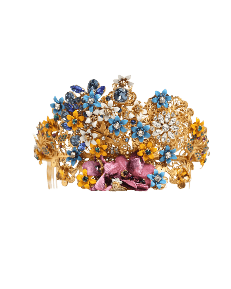 Dolce & Gabbana Gold Brass Crystal Floral Hortensia Crown Headband Tiara Glam Steals
