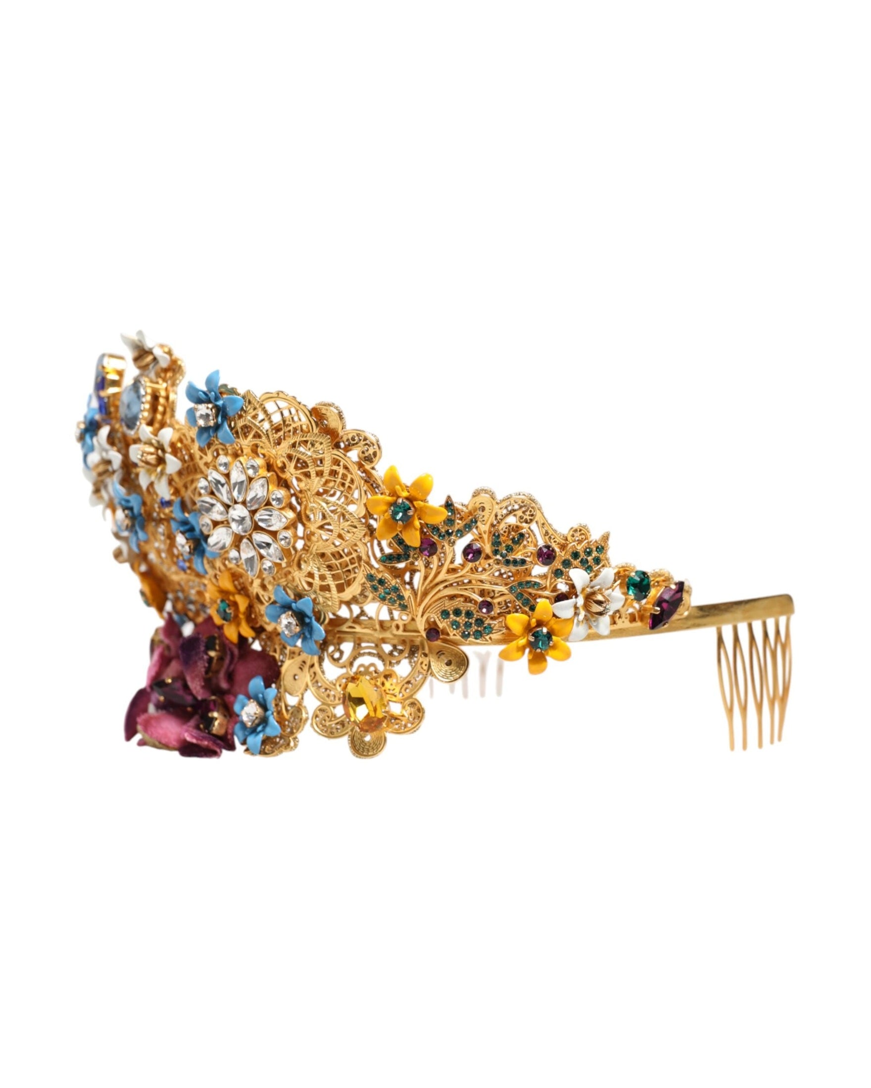 Dolce & Gabbana Gold Brass Crystal Floral Hortensia Crown Headband Tiara Glam Steals