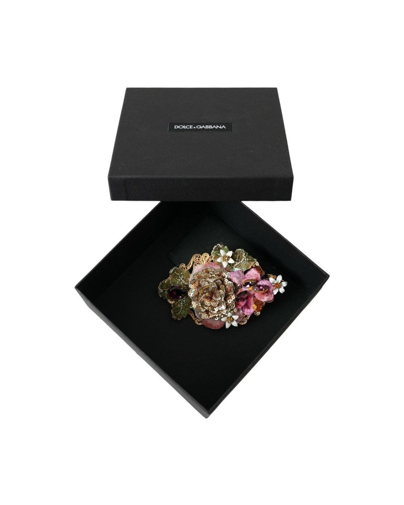 Dolce & Gabbana Brass Floral Crystal Sequined Hair Gold Clip Glam Steals