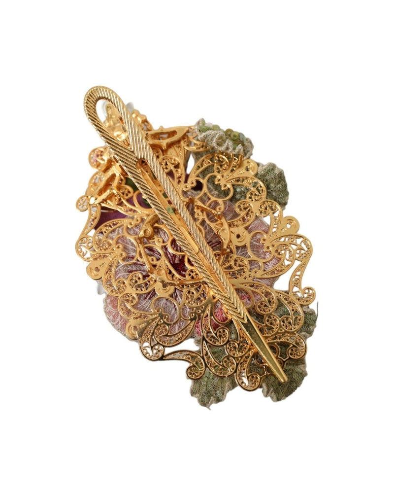 Dolce & Gabbana Brass Floral Crystal Sequined Hair Gold Clip Glam Steals