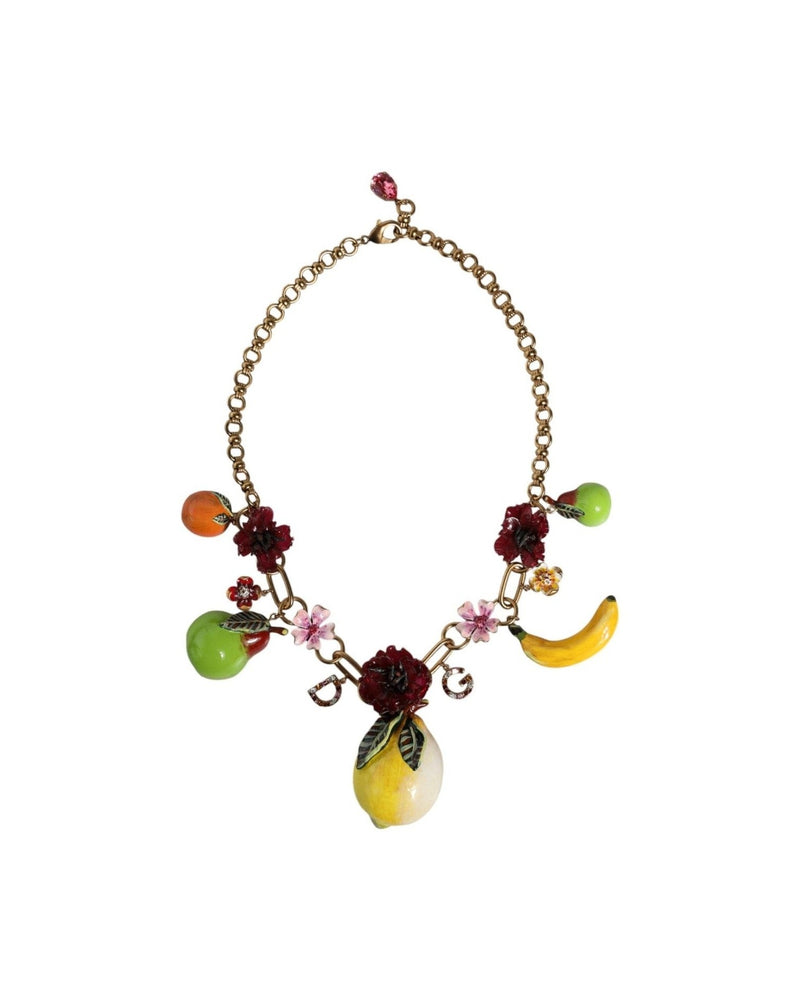 Dolce & Gabbana Brass Fruit Pendants Flowers Crystal Logo Gold Necklace Glam Steals