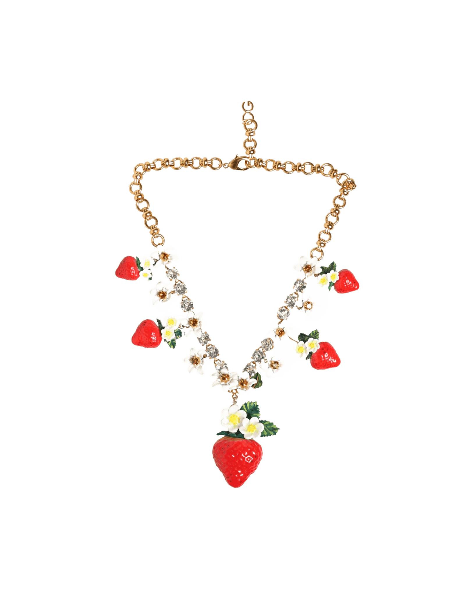 Dolce & Gabbana Gold Brass Fruit Pendants Flowers Crystal Logo Necklace