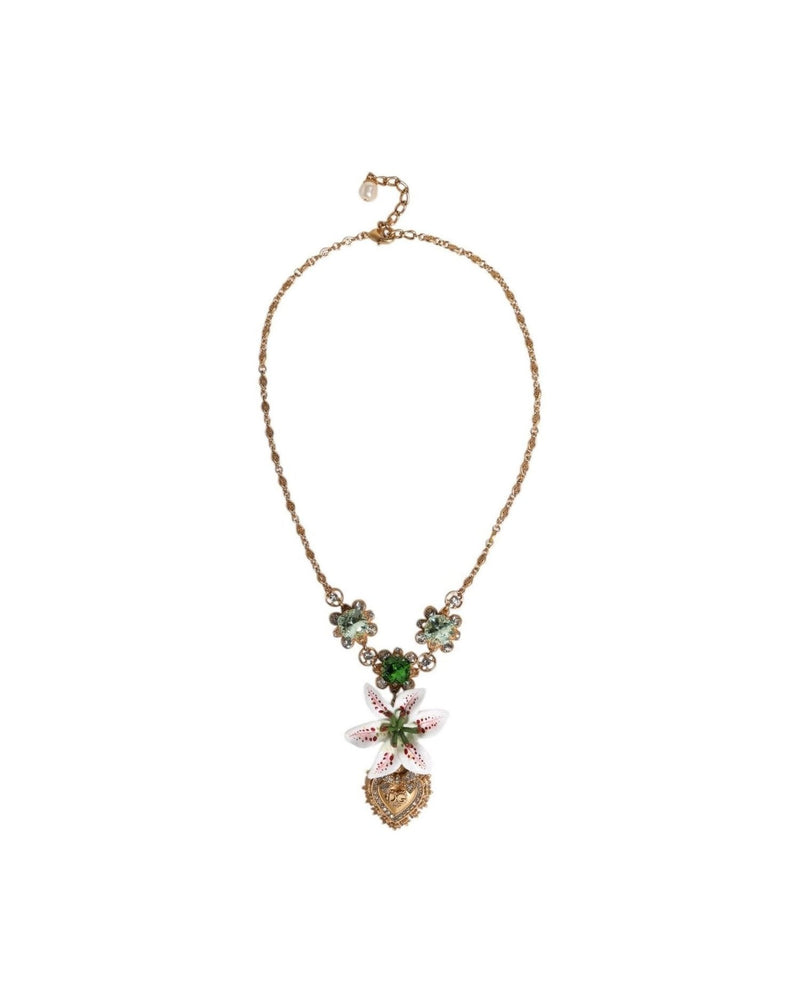 Dolce & Gabbana Brass Lily Crystal Sacred Heart Pendant Gold Necklace Glam Steals