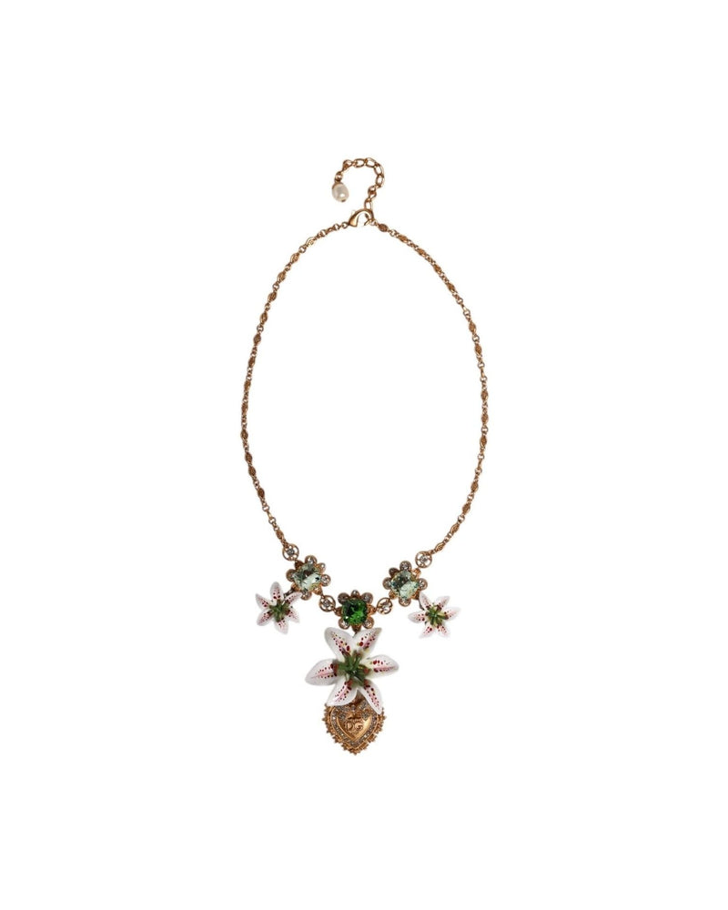 Dolce & Gabbana Brass Lily Crystal Sacred Heart Pendant Gold Necklace Glam Steals