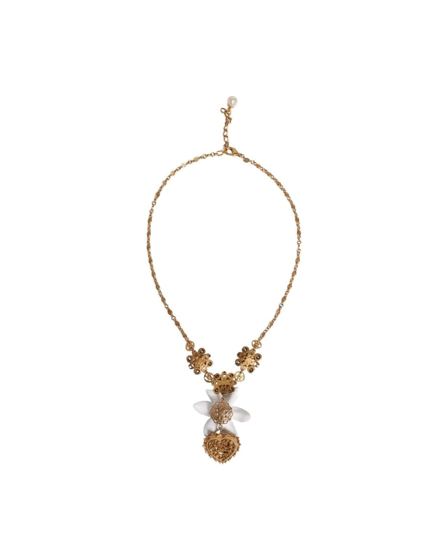 Dolce & Gabbana Brass Lily Crystal Sacred Heart Pendant Gold Necklace Glam Steals