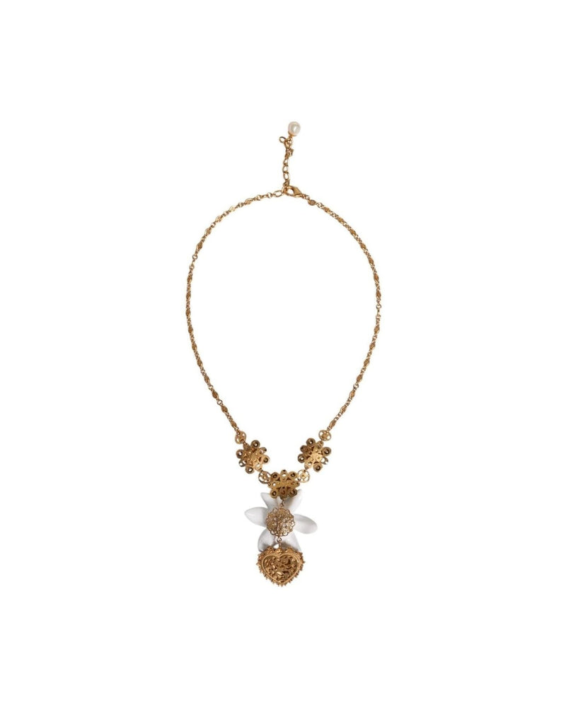 Dolce & Gabbana Brass Lily Crystal Sacred Heart Pendant Gold Necklace Glam Steals