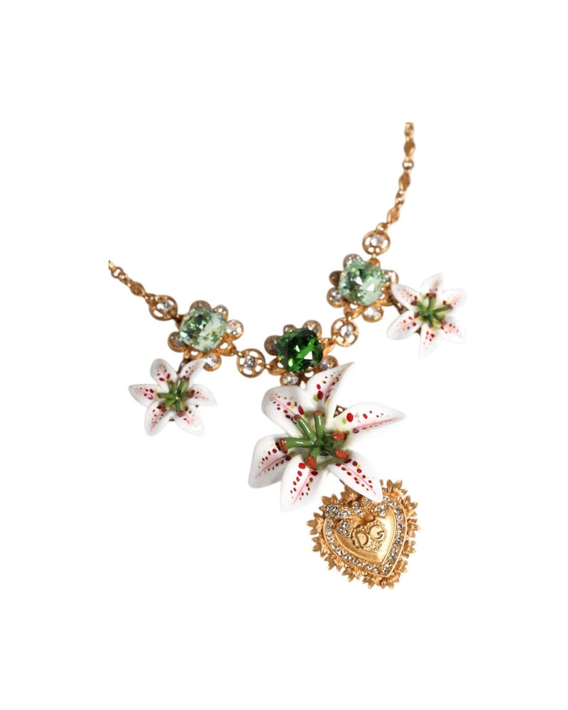 Dolce & Gabbana Brass Lily Crystal Sacred Heart Pendant Gold Necklace Glam Steals