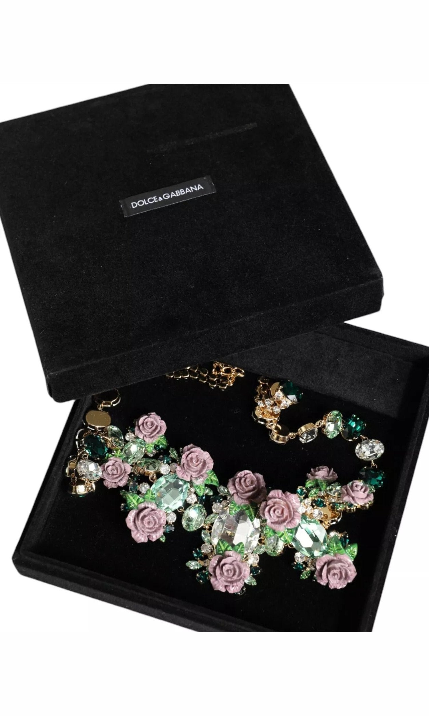 Dolce & Gabbana Gold Brass Link Chain Rose Petal Crystal Necklace Glam Steals