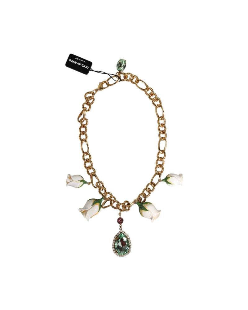 Dolce & Gabbana Brass Shorts Chain Flower Crystal Pendant Gold Necklace Glam Steals